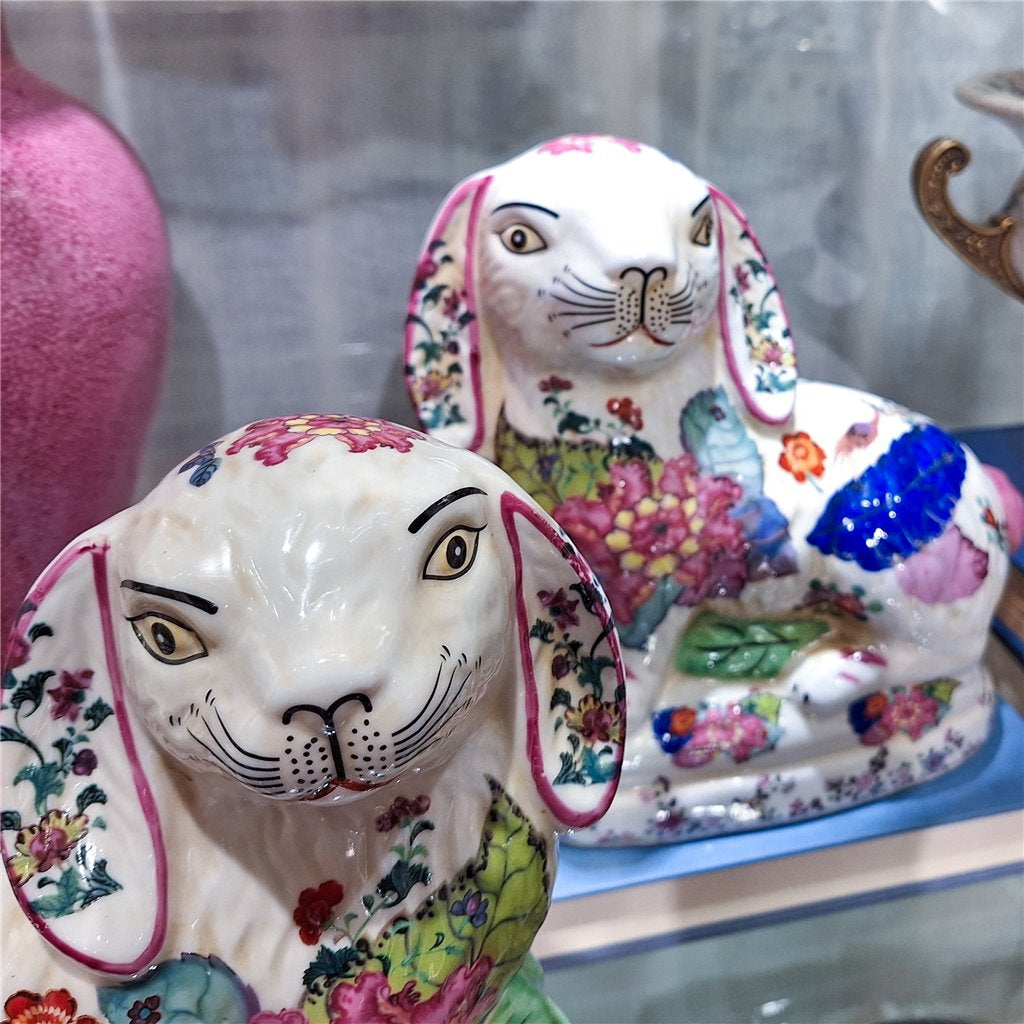 Danny's Fine Porcelain - Tobacco Leaf Ceramic Bunny/Rabbit Figure Pair, 8L X 4W X 8H