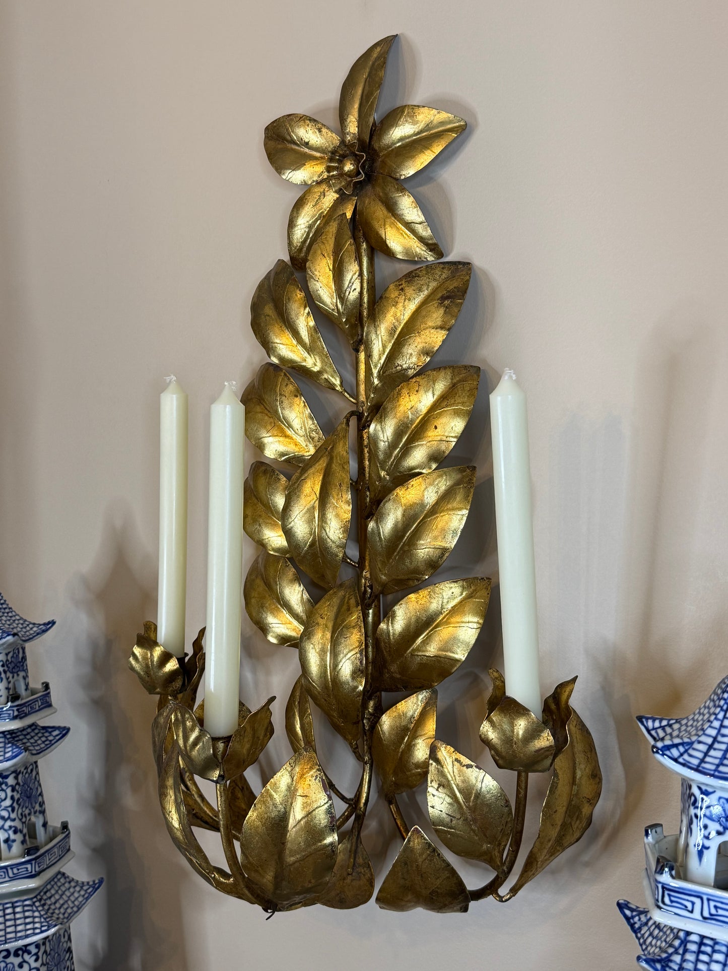 RESERVED - JILL HAYES - Vintage Italian Gilt Floral Three-Light Wall Candelabra | Tole Flower Sconce | 25” Tall
