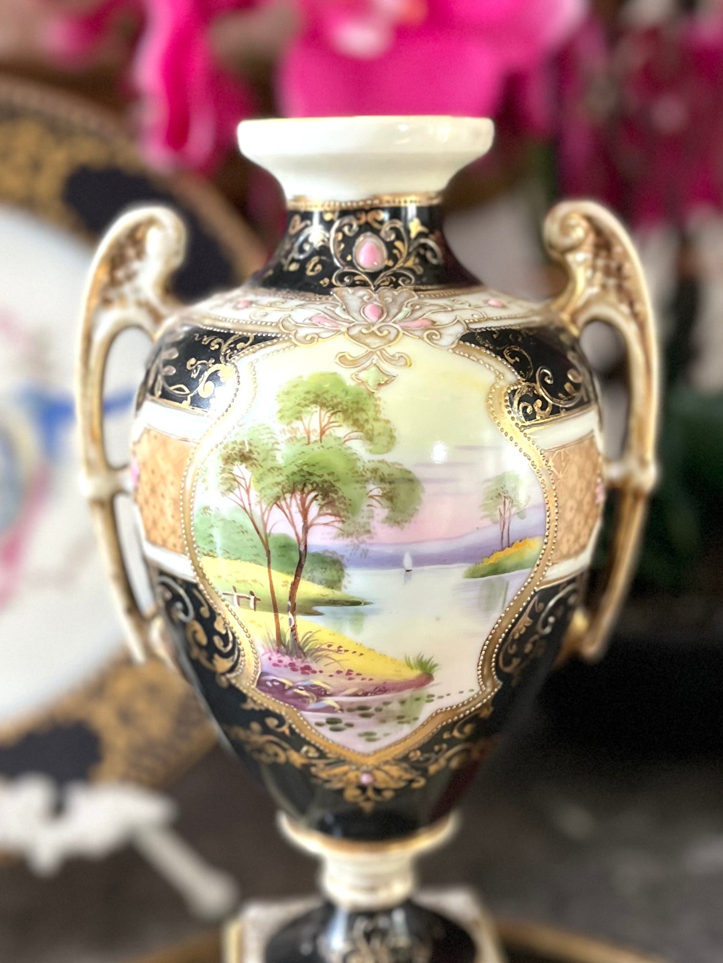Live 06/22 Early Noritake Moriage Scenic Two-Handled Pedestal Vase | Black Ground & Raised Gilding Old Backstamp