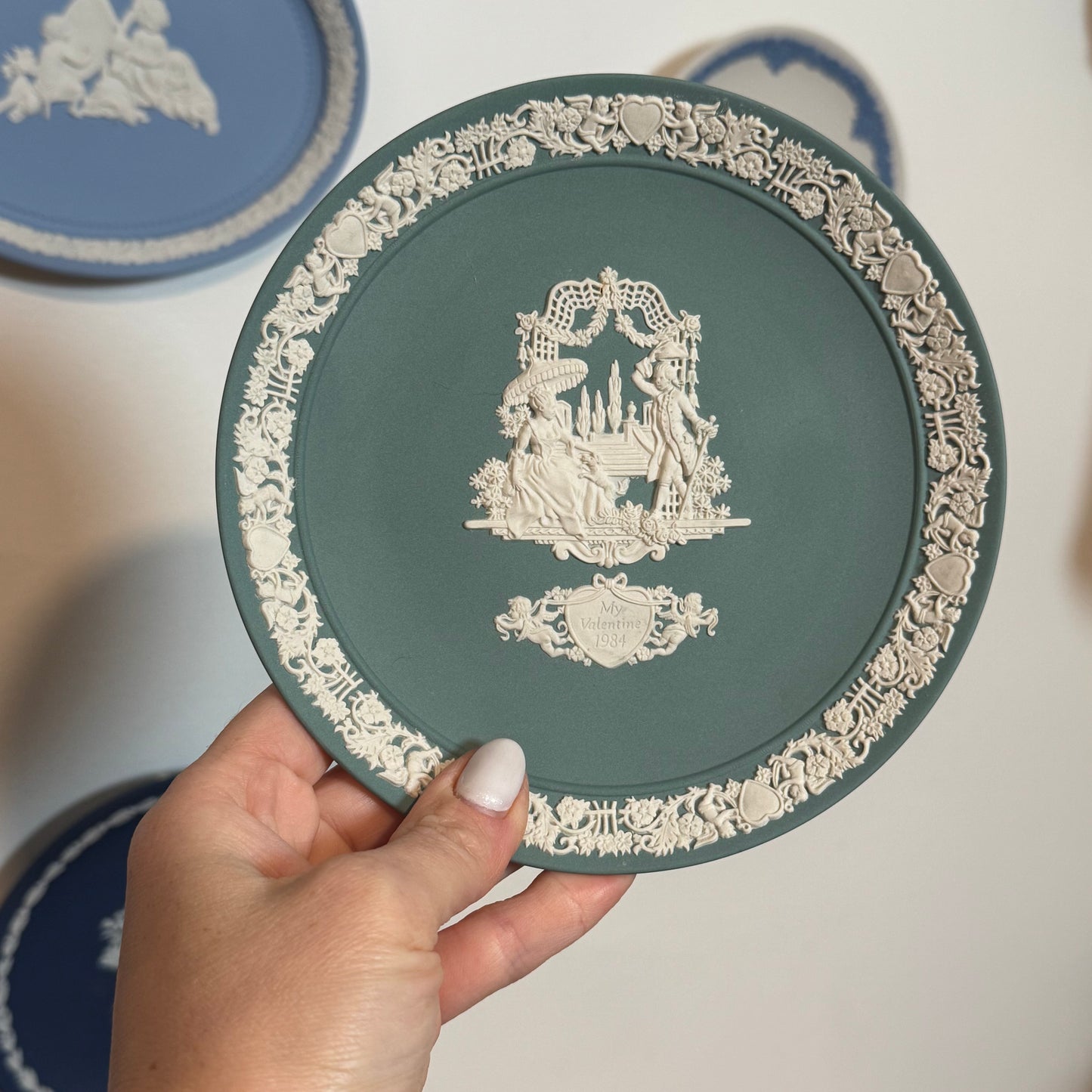 RESERVED - SHIRLEY - Wedgwood teal and white My Valentine 1984