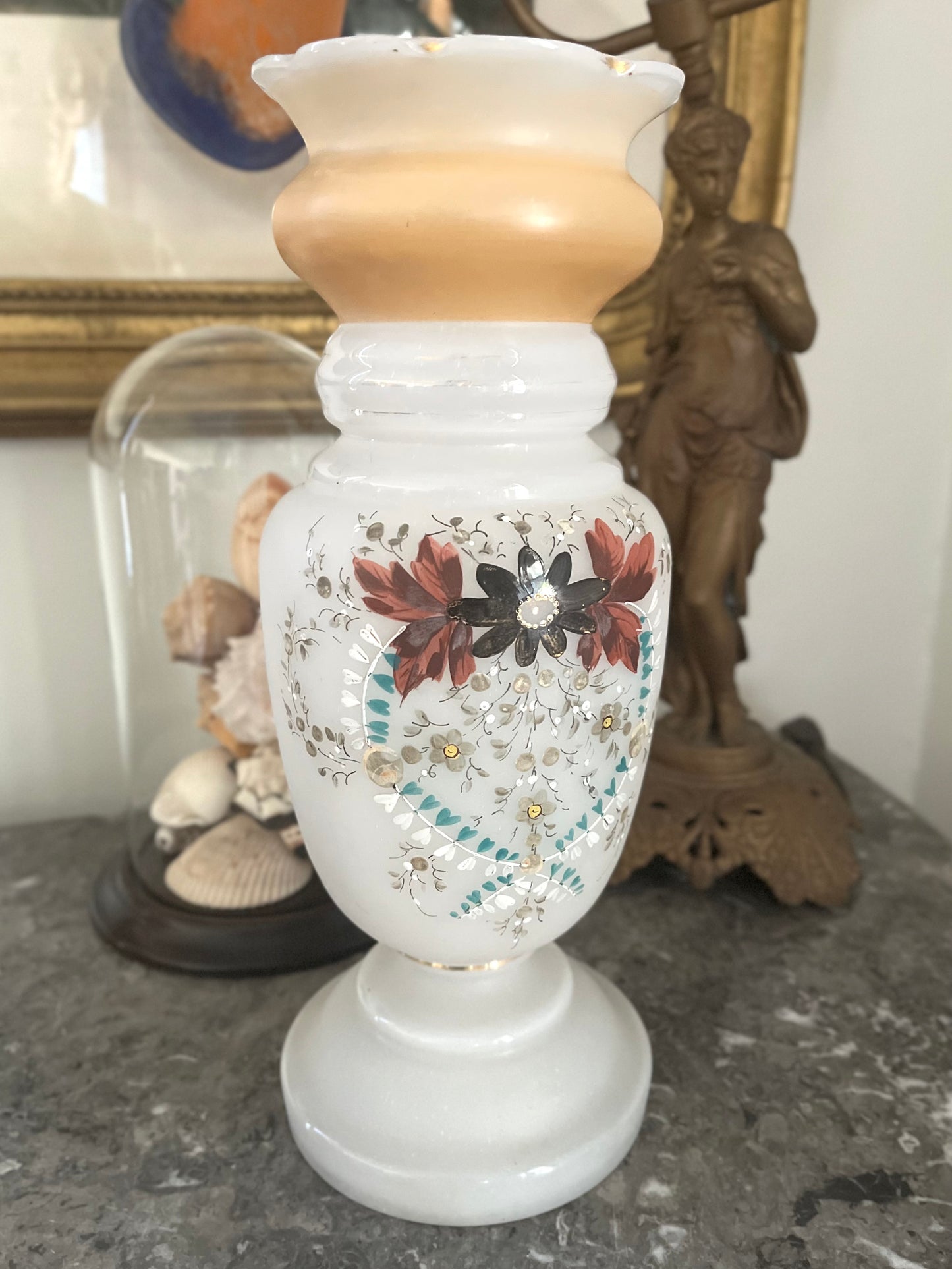 Live 06/09 Tall Antique Victorian Hand Painted Bristol Glass Vase 14 1/4 x 6”