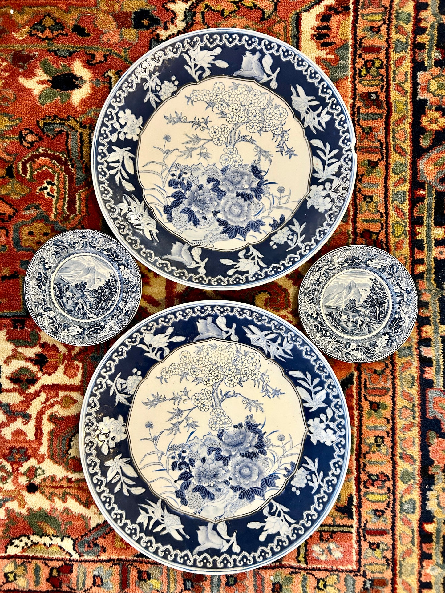 14 in Fabulous pair of vintage chinoiserie blue & white scalloped edge platters.