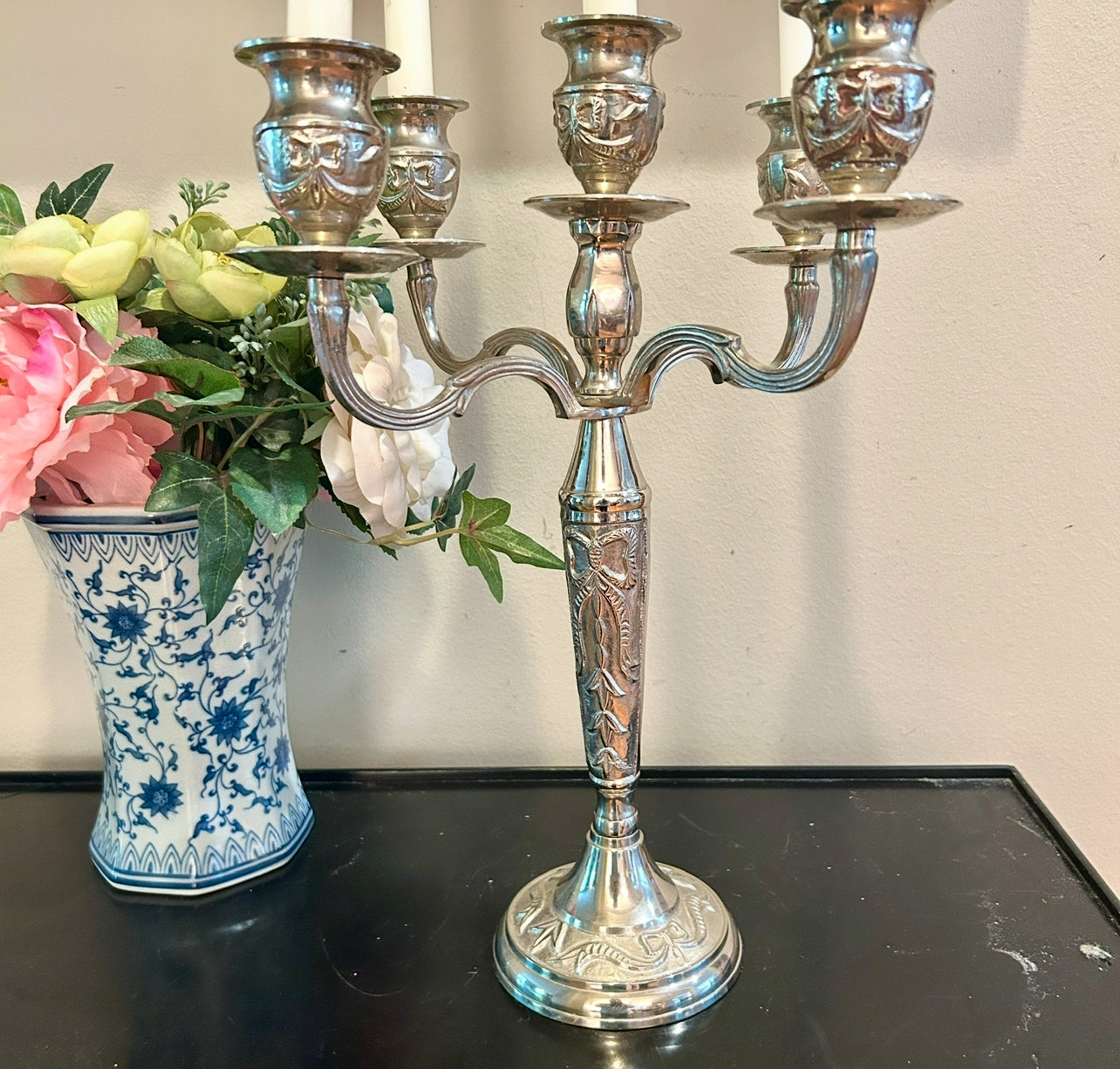 Single spectacular heavy silver plate bow & baroque triple candelabra
