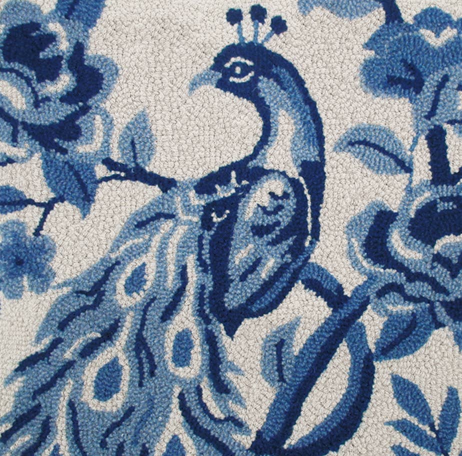 Chinoiserie Peacock Hook Pillow, Chinoiserie Peacock Wool Hooked Pillow | 18” x 18” Accent Pillow