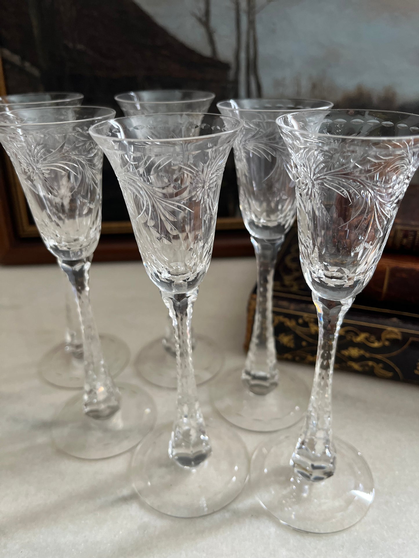 Elegant Edwardian Set of Six T. G. Hawkes “Clarendon” Crystal Cordial Glasses