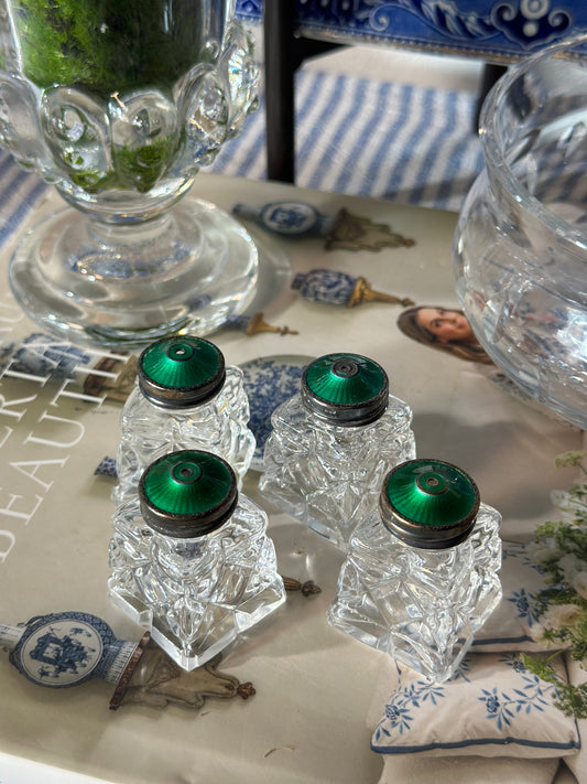 Antique Green Sterling 925 Enamel Glass Pepper/Salt Shakers - AS IS