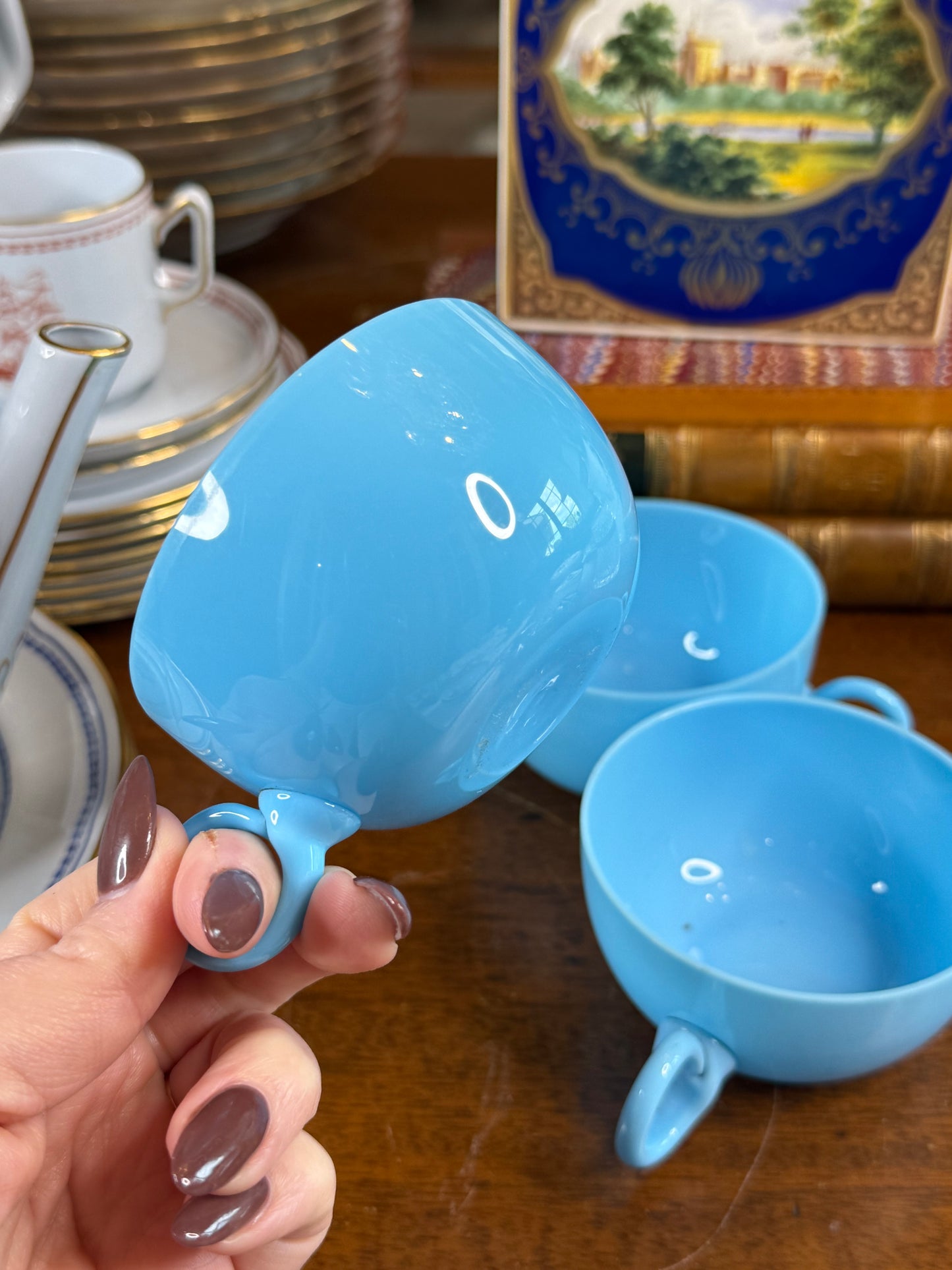 Vintage Italian Blue Opaline Glass Tea Cups with Ring Handles | Set of 3