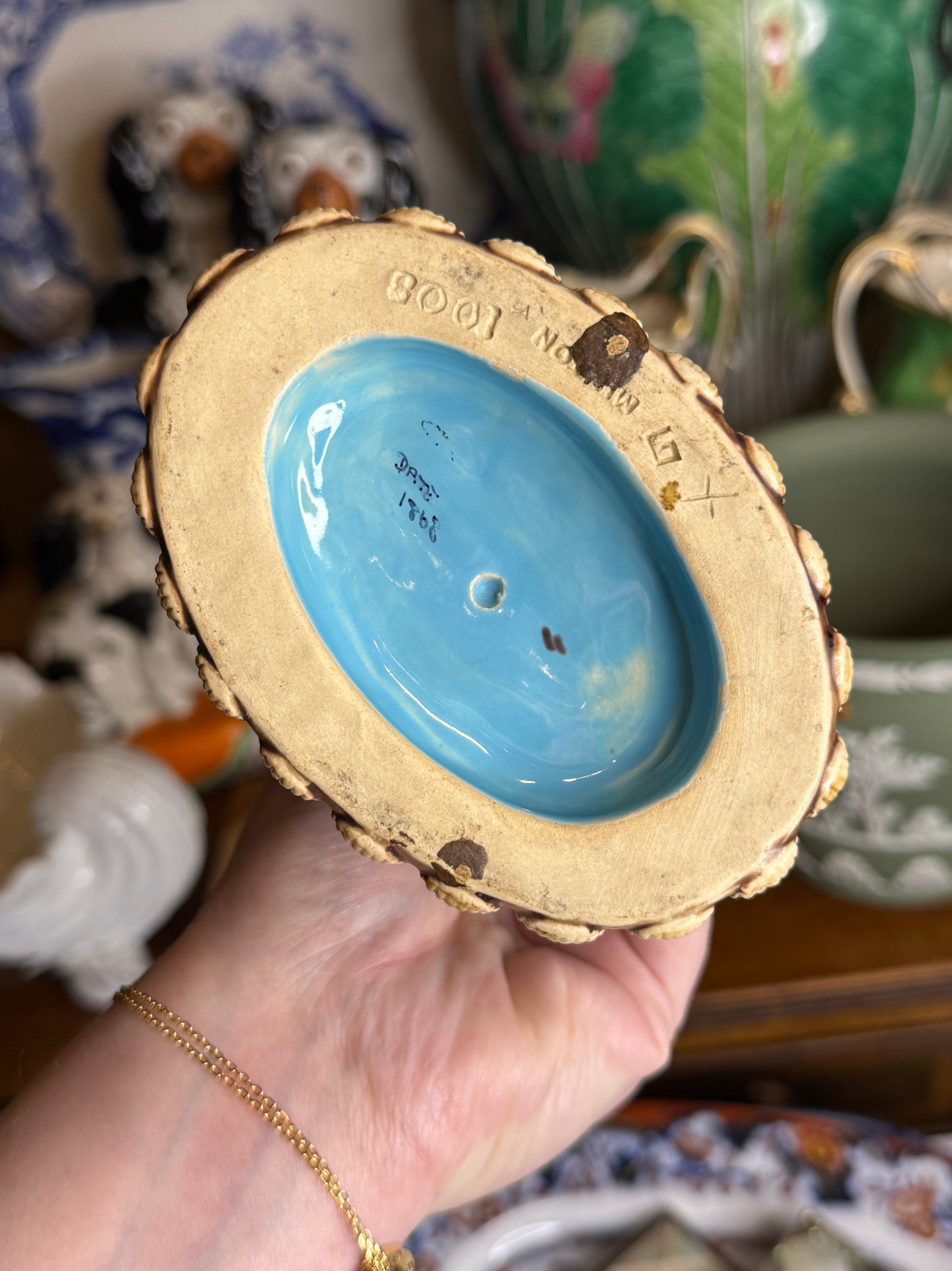 Antique Minton Majolica Cherub Sweetmeat Dish | Dolphin Shell Centerpiece | Victorian English Pottery c.1870 | Style #D251