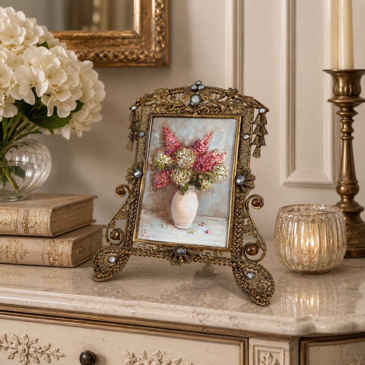 Pink and white hydrangeas original oil painting in antique frame