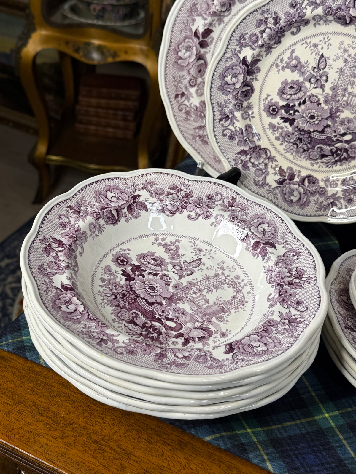 39 Pieces, Circa 1840 | Antique English Staffordshire “Canton Garden”Lavender/ Mulberry Transferware Dinner Service