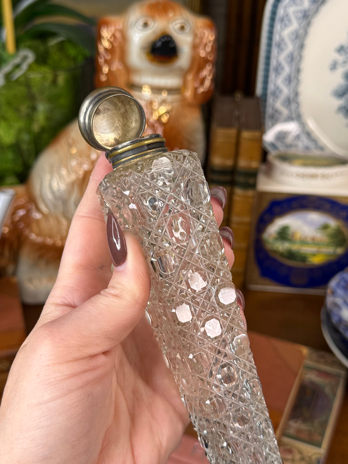 Antique Victorian Cut Crystal Scent Bottle with Silver-Over-Copper Hinged Cap | 8.5”