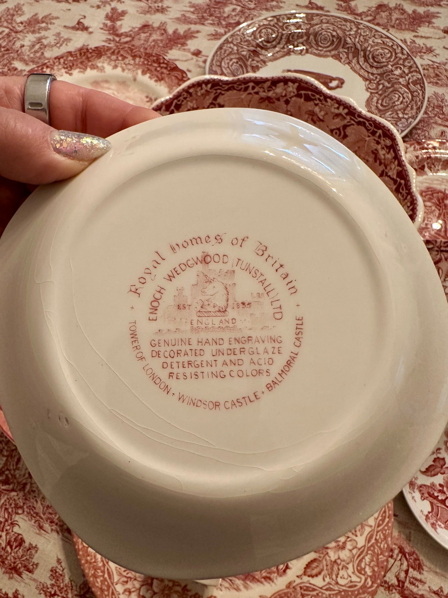 Enoch Wedgwood “Royal Homes of Britain” Pink Transferware Square Bread Plate | England, 5.25”