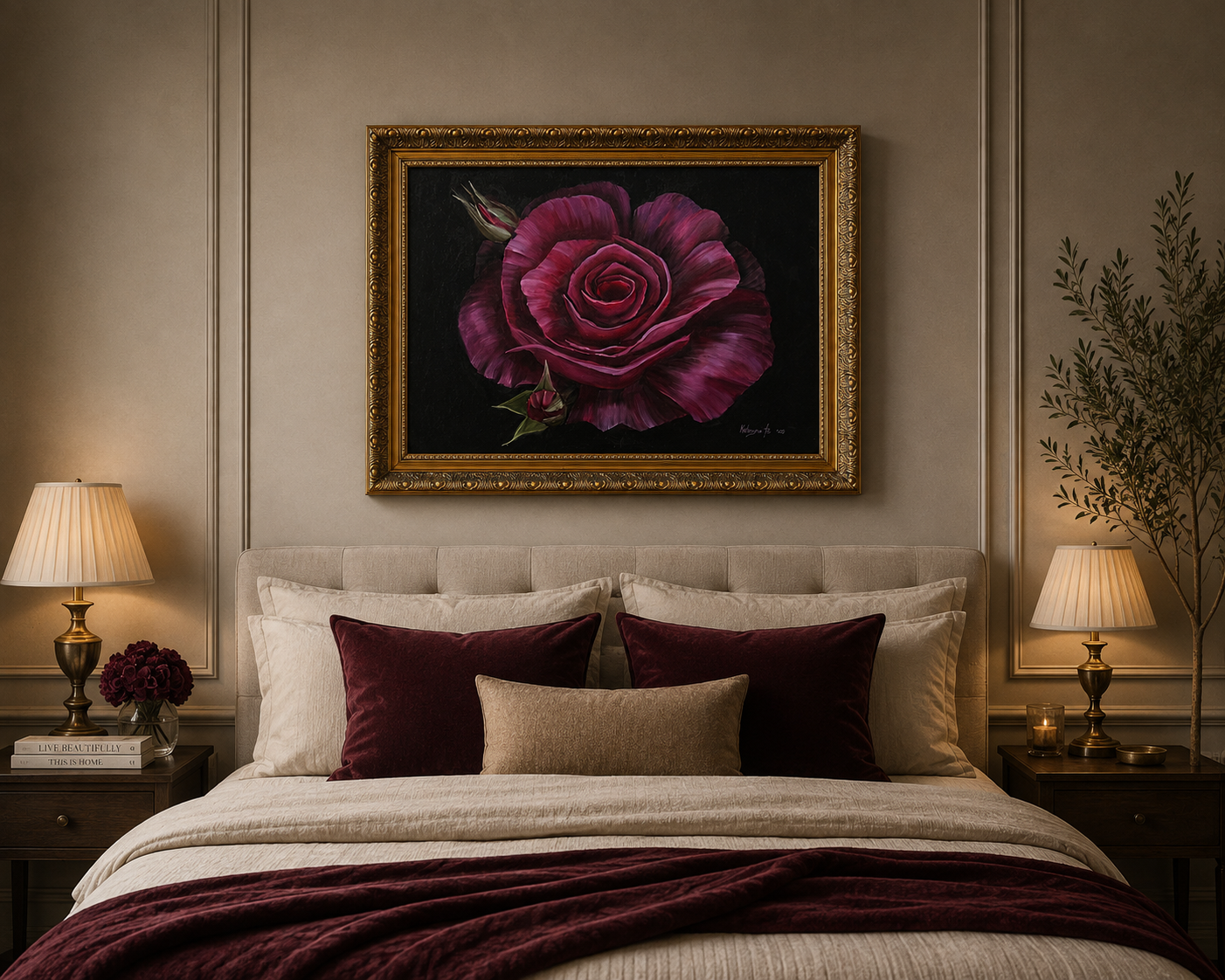 Original Oil Painting – Fuchsia Rose Still Life by Kateryna | Framed Original Canvas | 28” x 22”