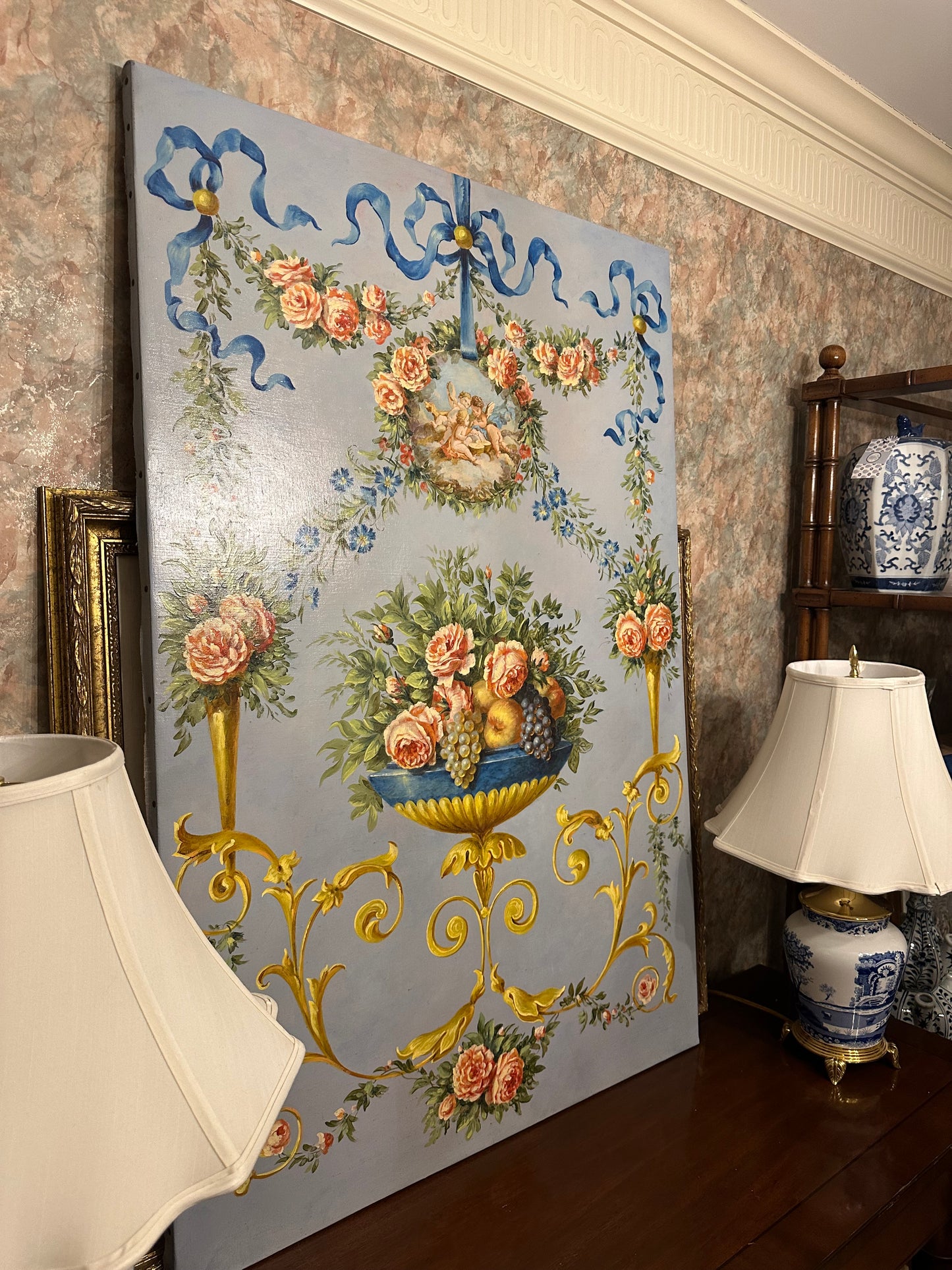 Monumental French Oil on Canvas Panel with Cherubs & Floral Swags | Paris Auction Find | 32” x 47”