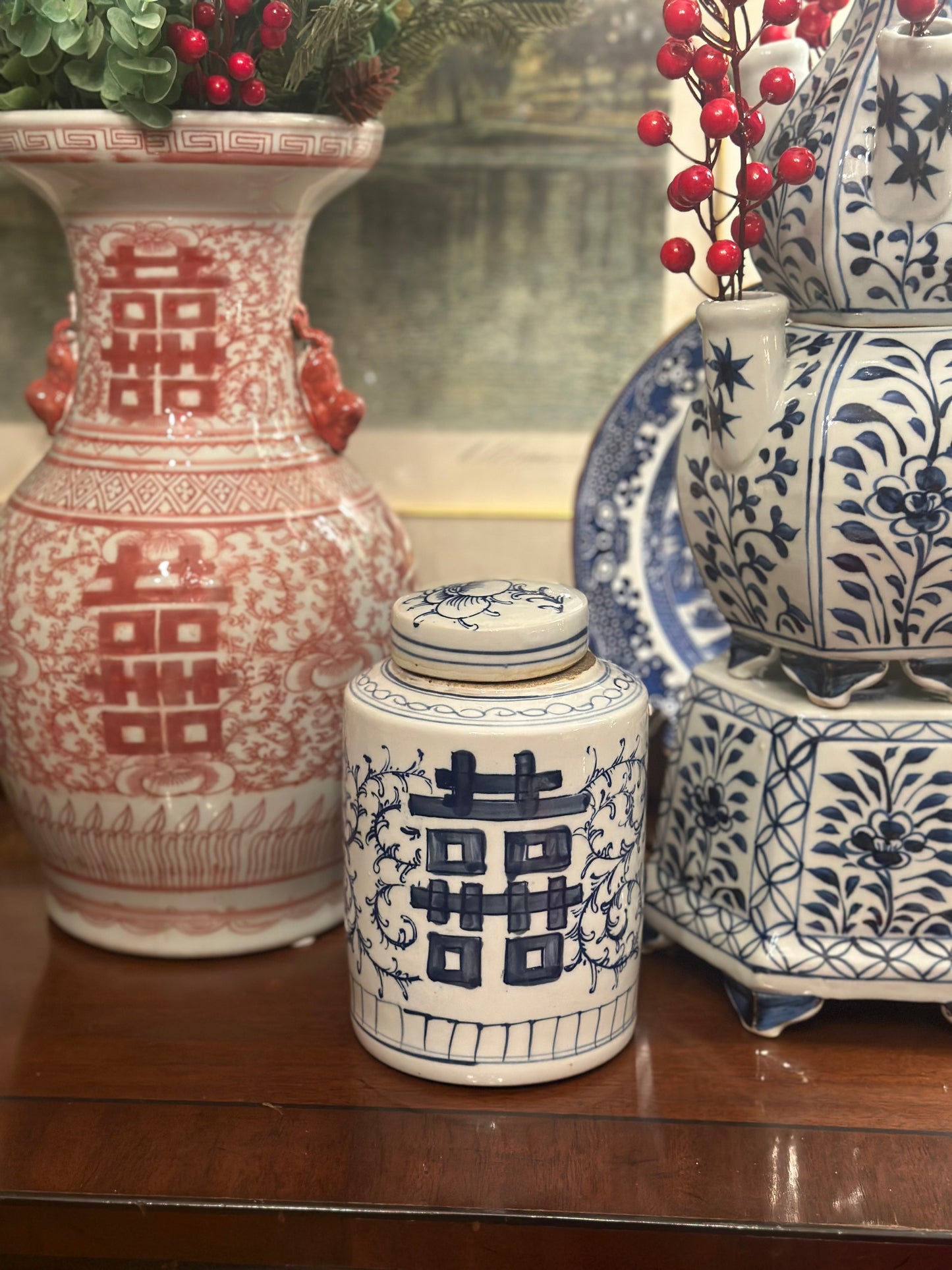 Danny's Fine Porcelain -Blue & White, 7" Tall Double Happiness, Hand Painted Tea Caddy Jar