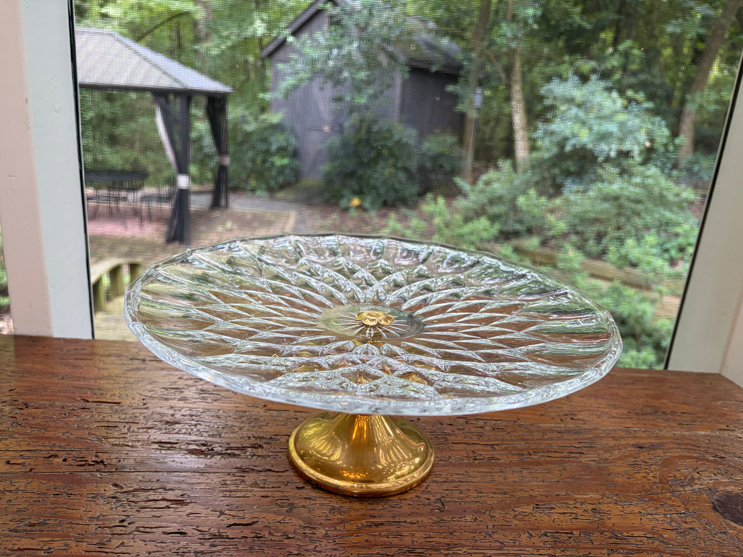 Stunning Val St. Lambert pedestal cake platter with gold plated base and floral detail!