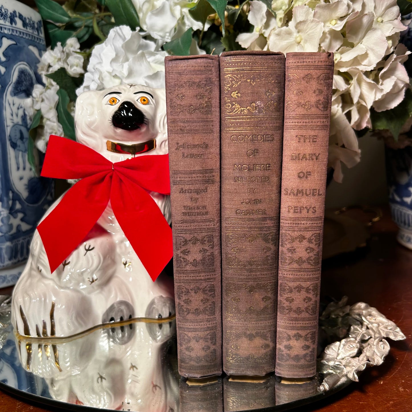 Rare set of 3 aged vintage books in faded navy blue & gold.