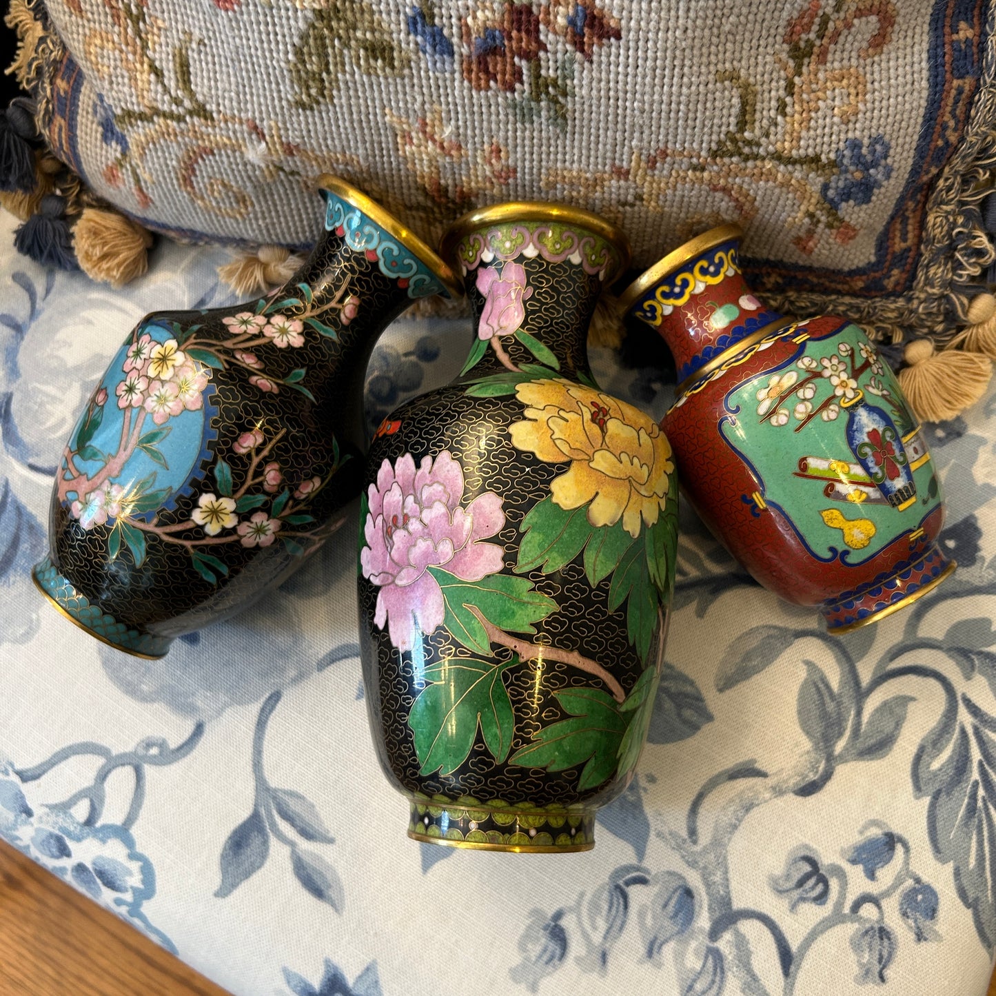 Set of 3 Bold vintage brass & enamel cloisonné etched vases