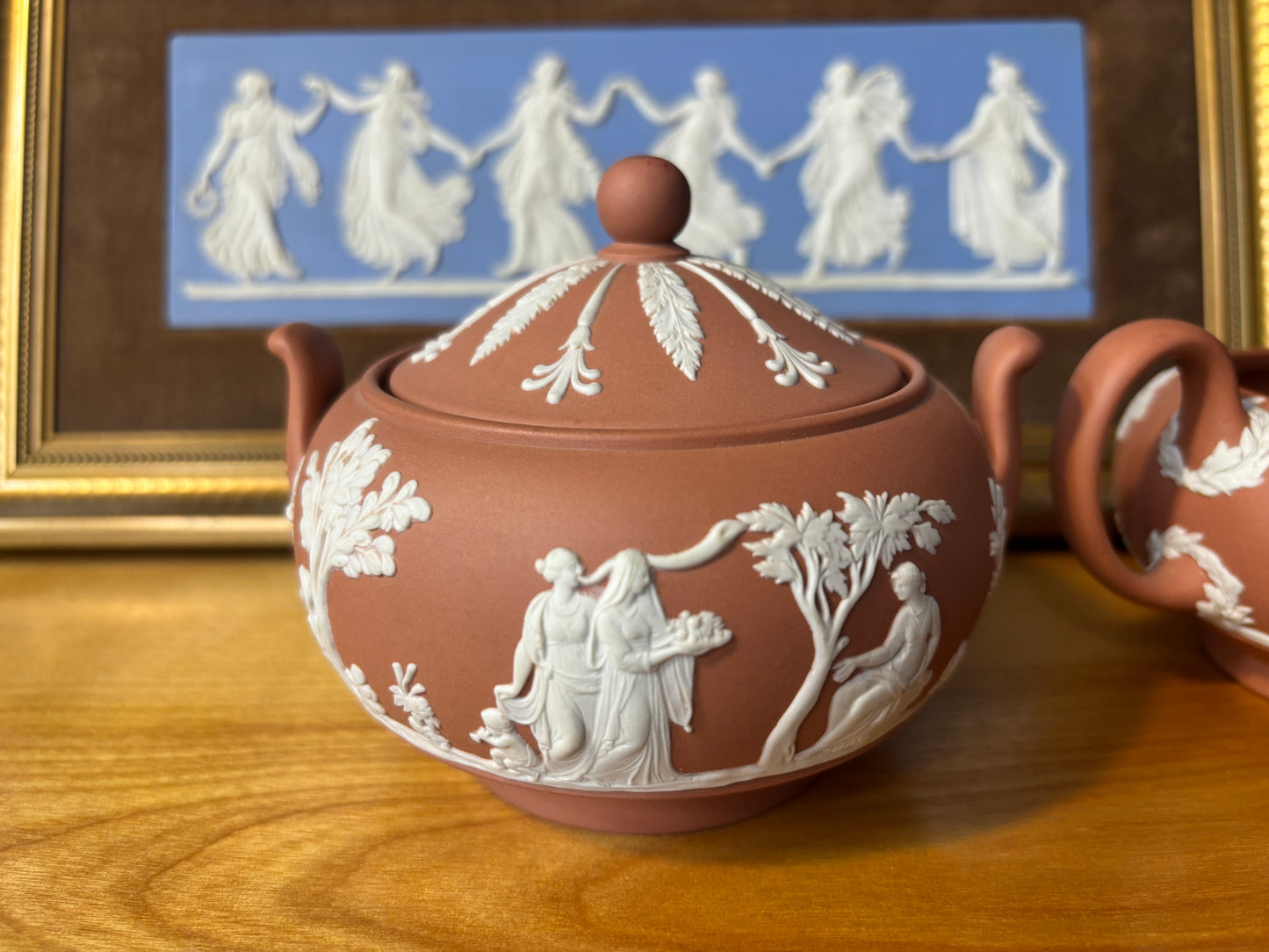 Wedgwood Jasperware terracotta lidded sugar bowl and creamer set!