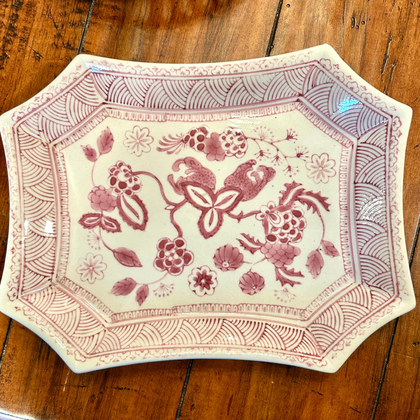 Vintage pink and white rectangular chinoiserie platter