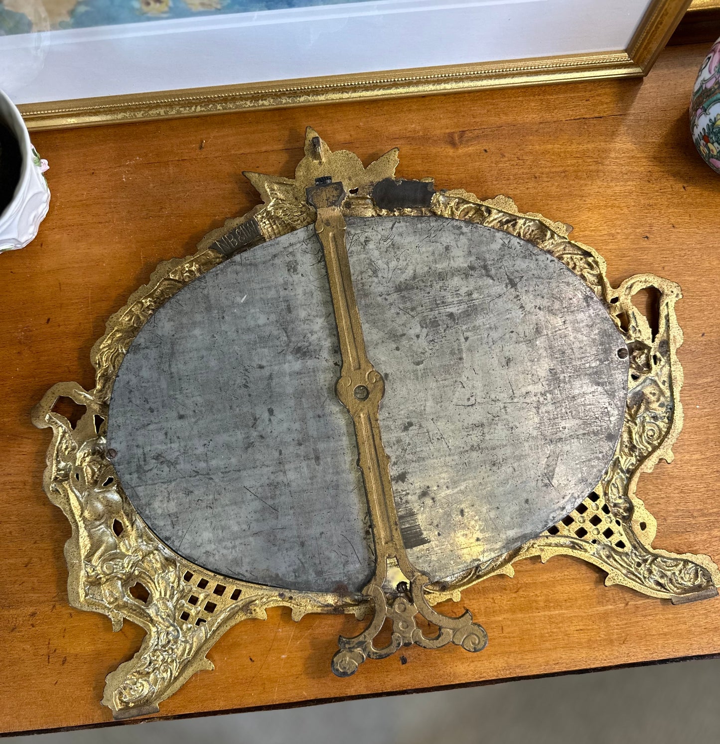 STUNNING! 19th Century Antique Victorian Brass Cherub Vanity Mirror, 16.5"