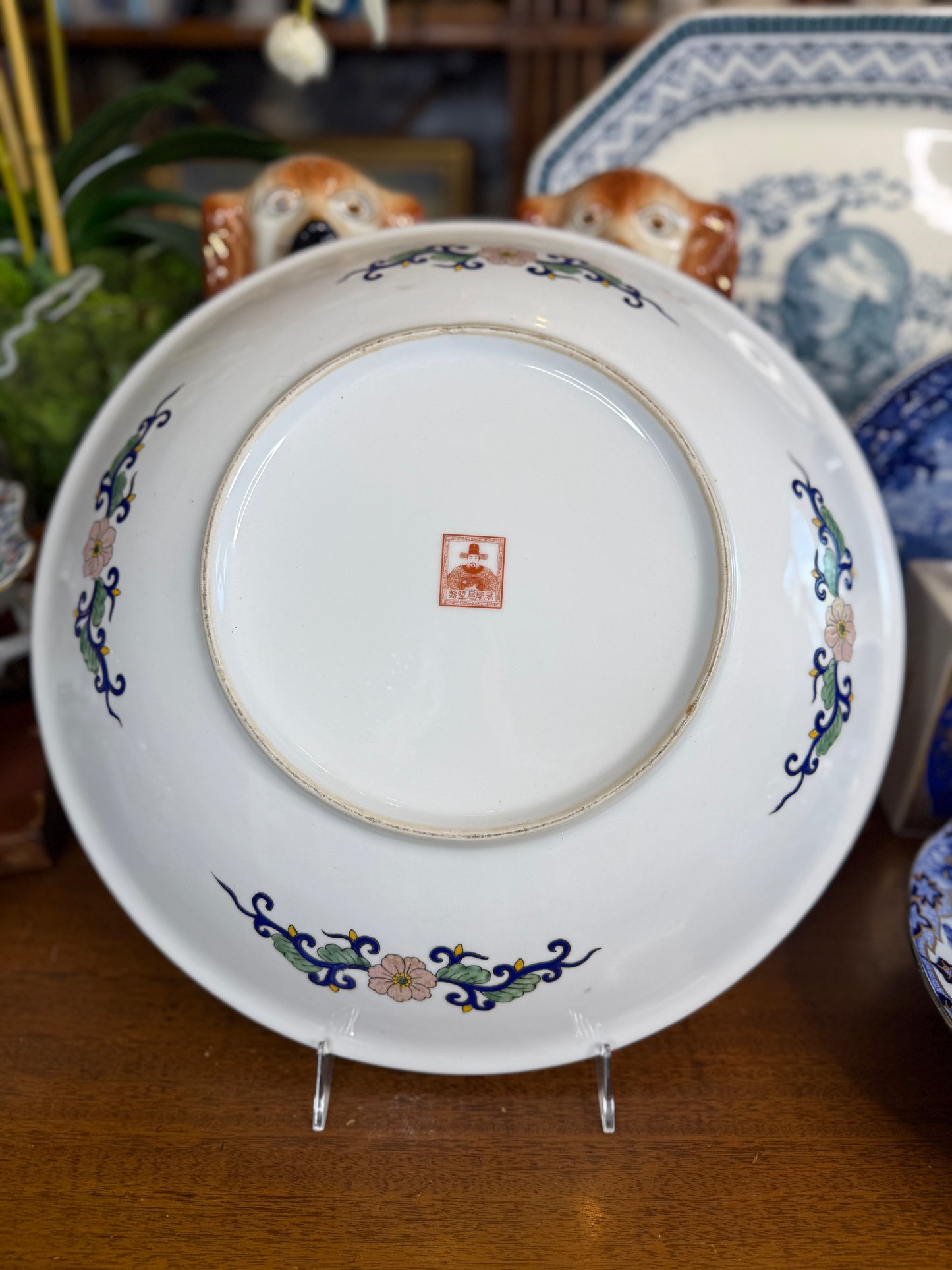 Vintage Chinese Tobacco Leaf Porcelain Charger | Famille Rose Bird & Floral Design | 16.5”