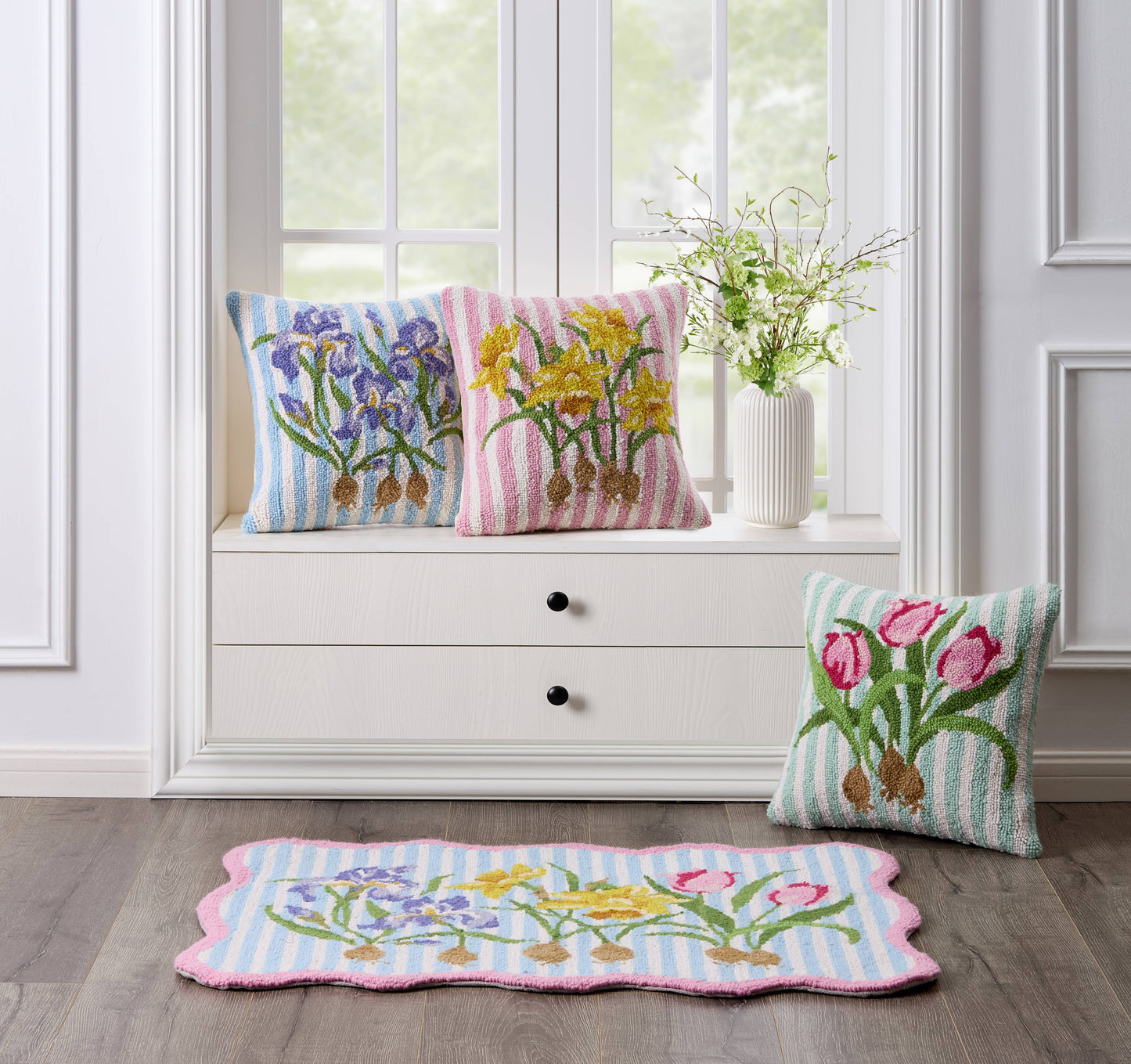 Pink Tulip Wool Hooked Pillow | 16” x 16” Accent Pillow