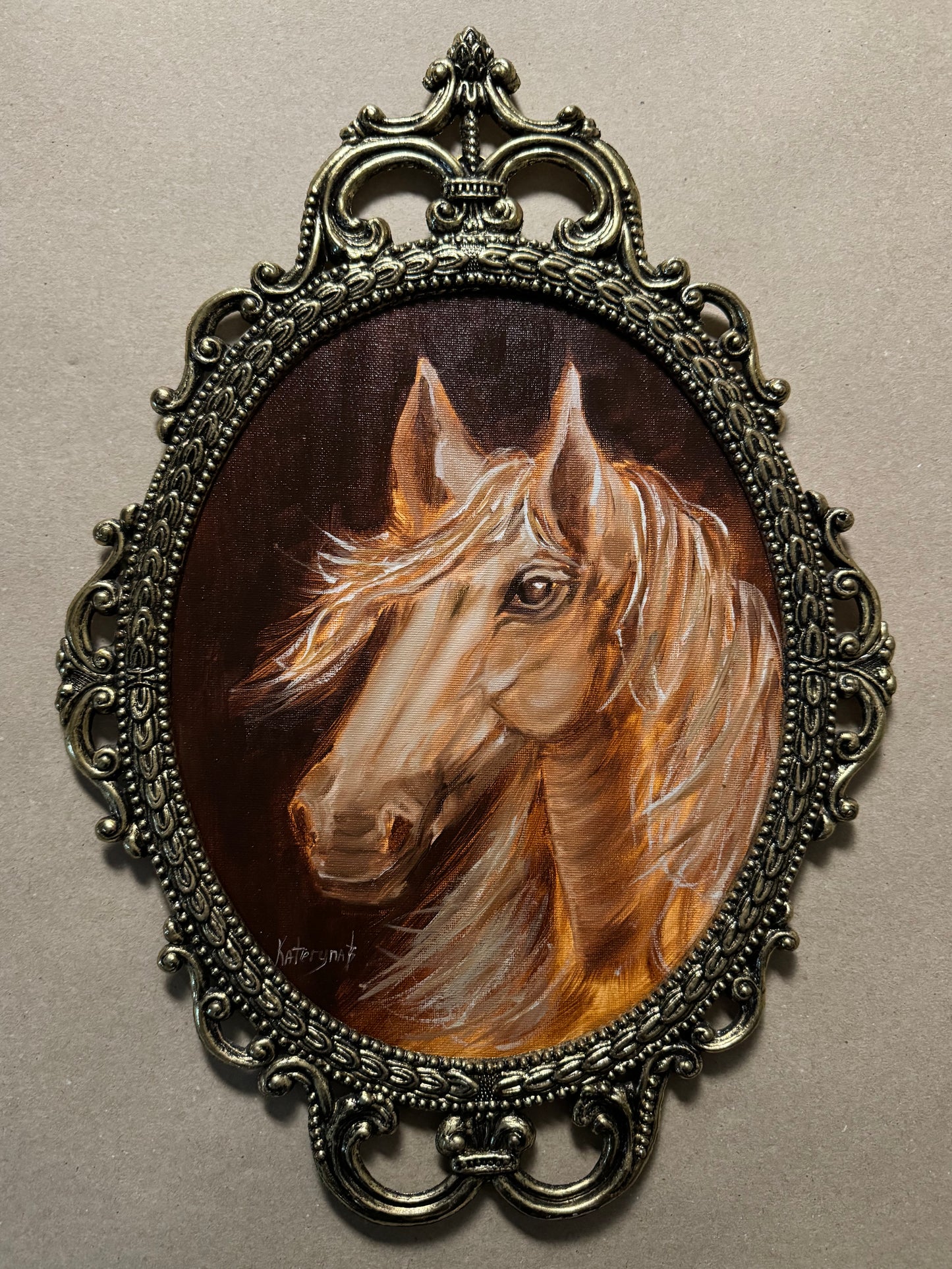 Horse painting in vintage brass frame