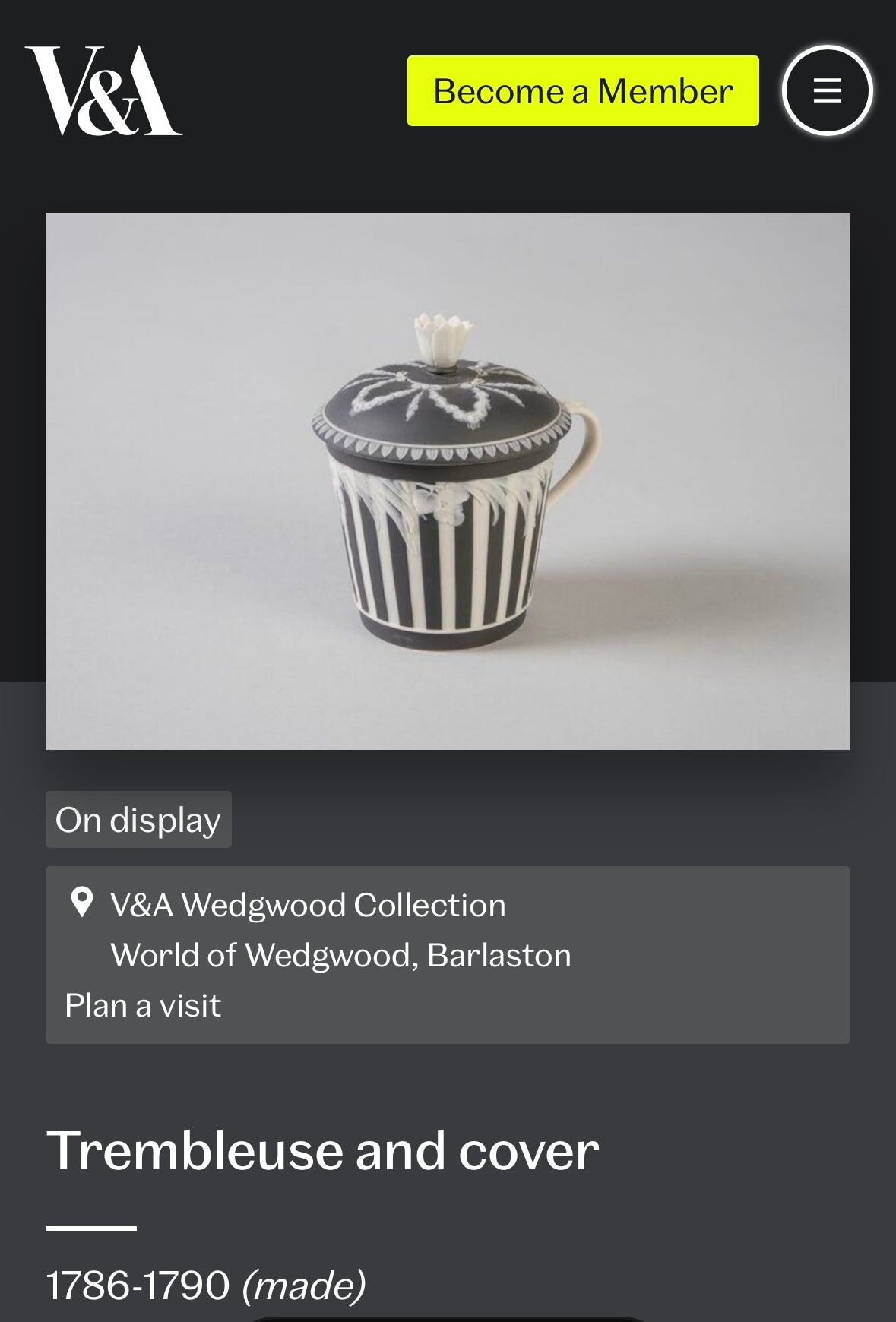 EXQUISITE RARE 18th Century Wedgwood Black Basalt Jasper Dip Trembleuse, 4"