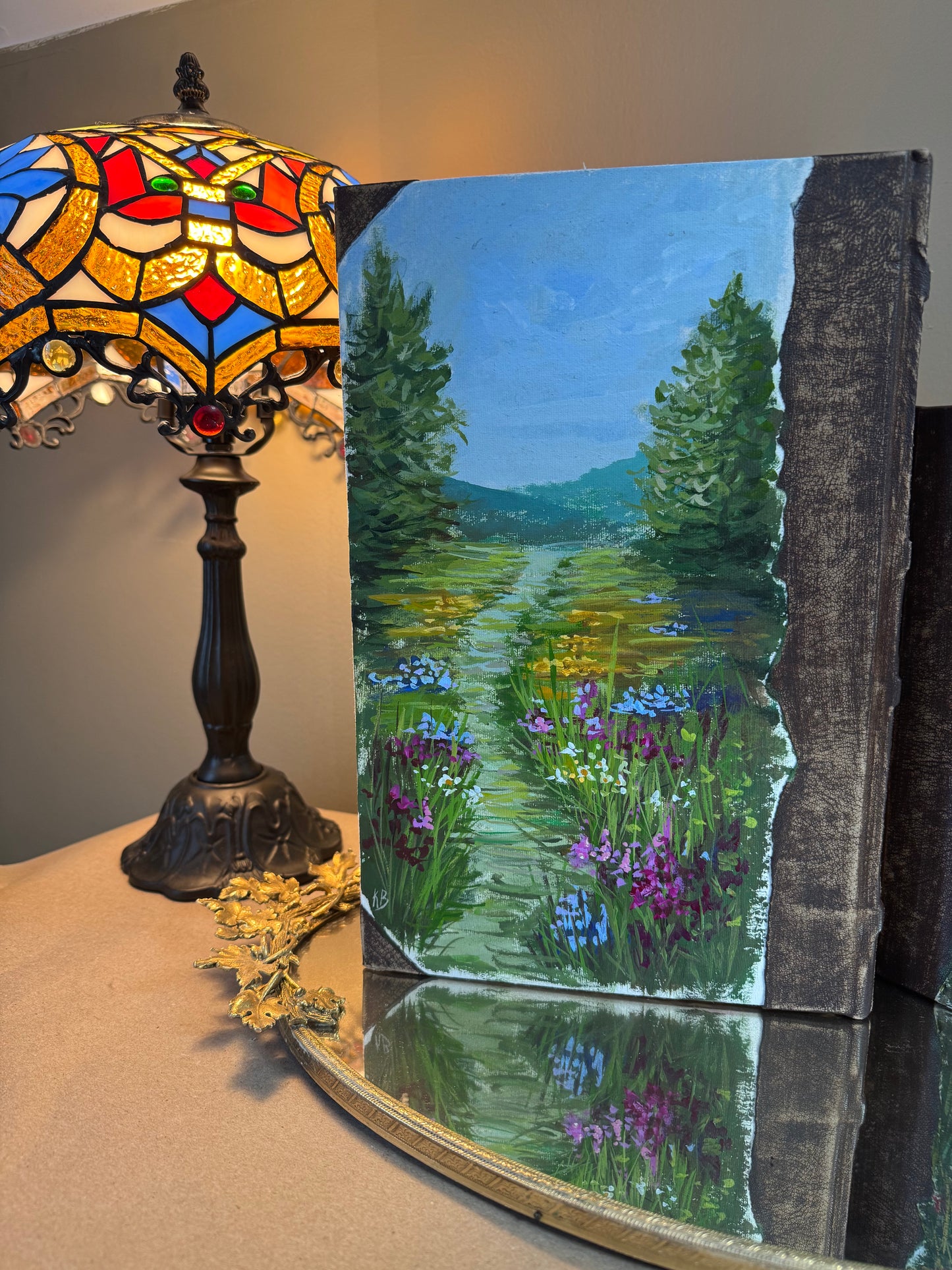 Original art hand made, hand painted leather bound journal 13x8.5”