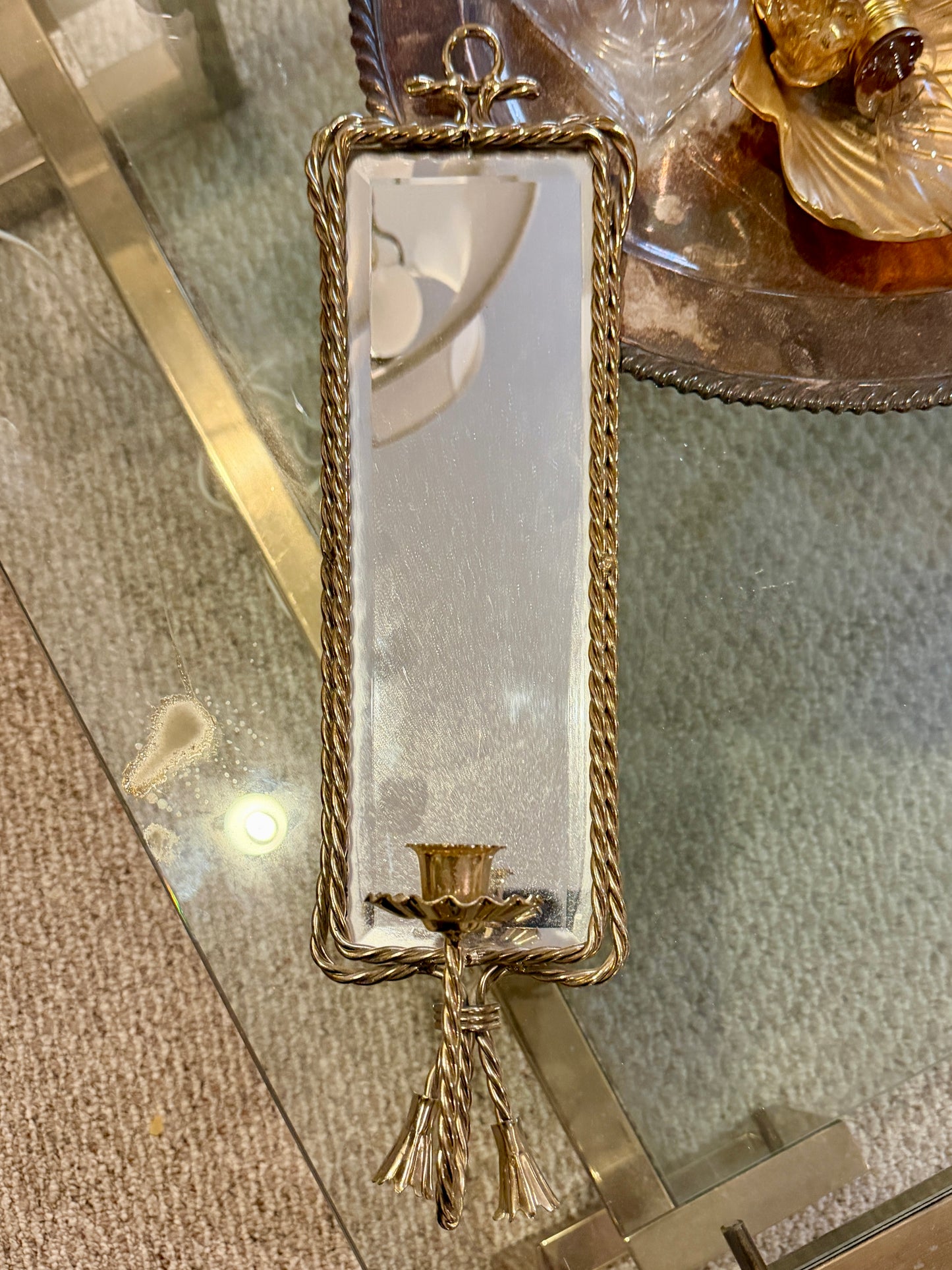 Lovely vintage brass tassel mirror candle holder
