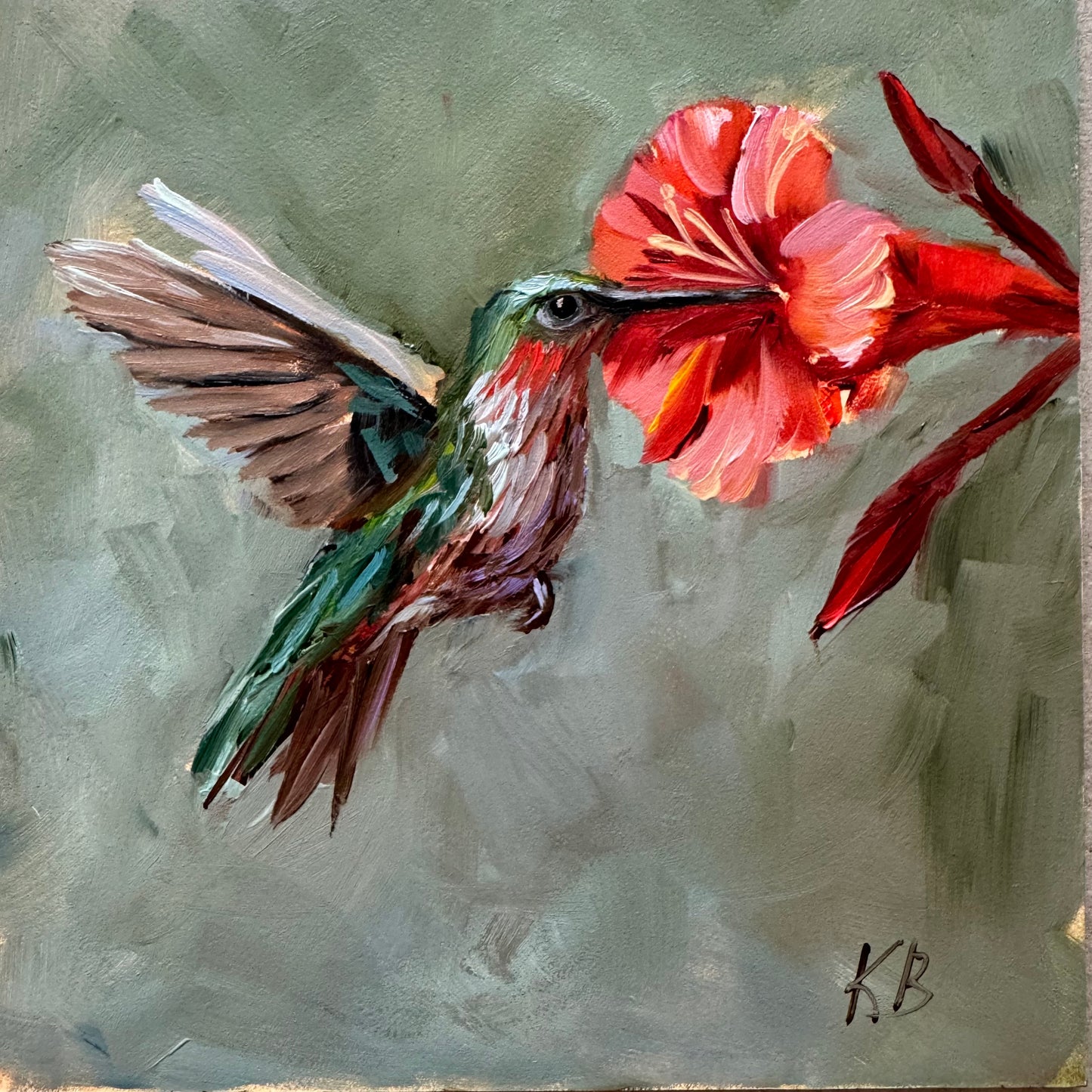 Live 08/11 Hummingbird and red flower original oil painting framed in wooden gold frame 9.5x9.5”