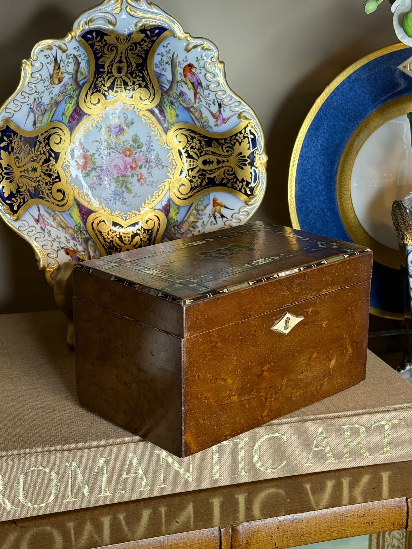 Antique English BIRDS EYE MAPLE Wood “Tea” Caddy with Bone & Mother-of-Pearl Inlay, c. 1820–1850