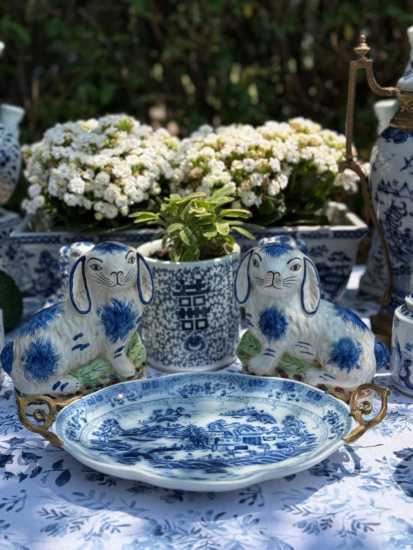 Danny's Fine Porcelain - Ceramic Bunny/Rabbit Figure Pair, Blue/White, 6x3" - Pristine!