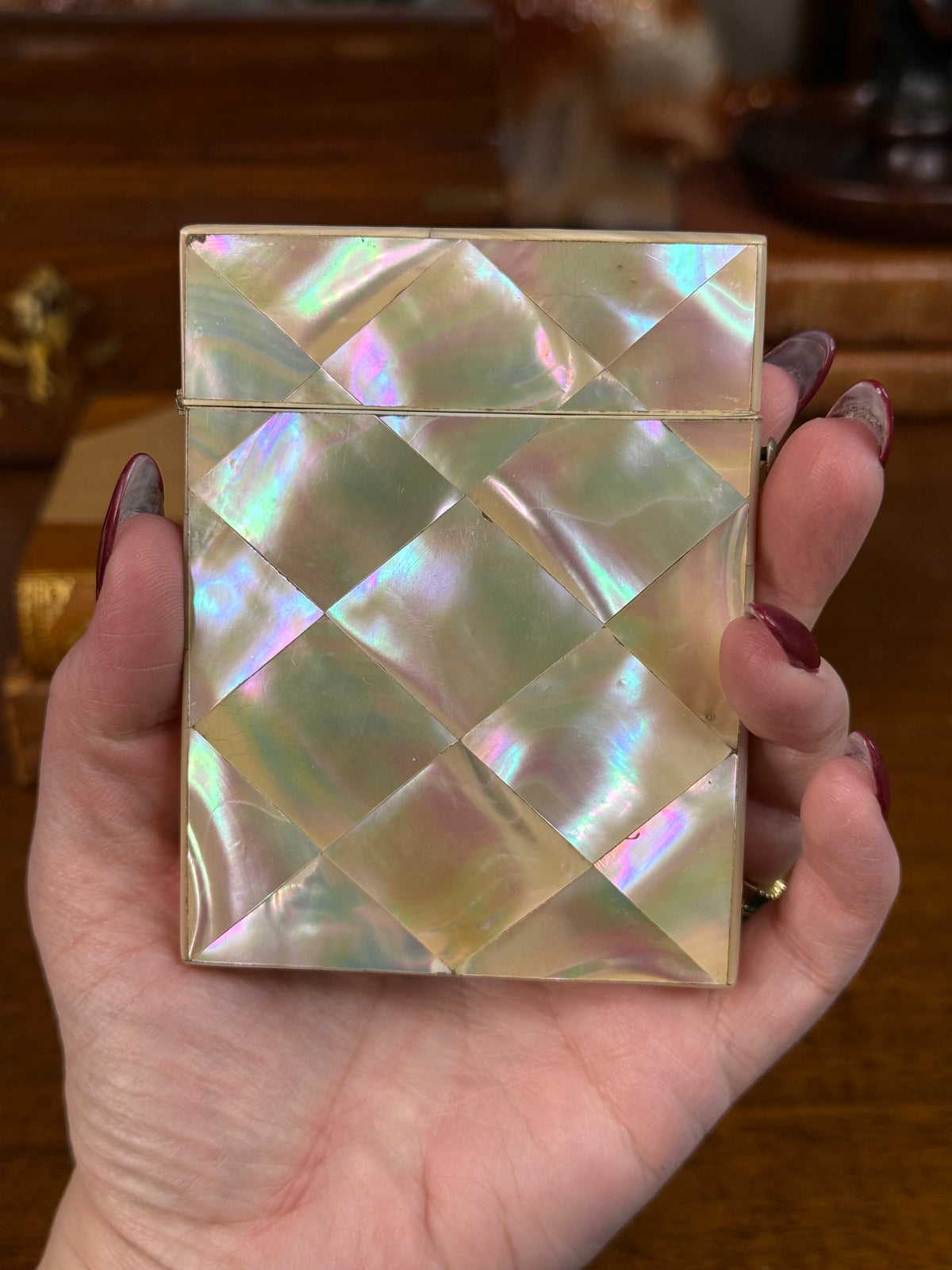 Antique Victorian Mother of Pearl Calling Card Case with Engraved Silver Floral Cartouche, Original Blue Interior, c. 1860ā1880 ā 4ā