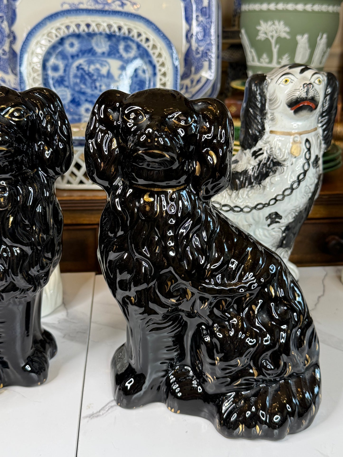 Pair of 19th Century Black Jackfield Spaniels | Antique Staffordshire Dogs | 9.5"H x 7"W x 3.5"D | #DA4506