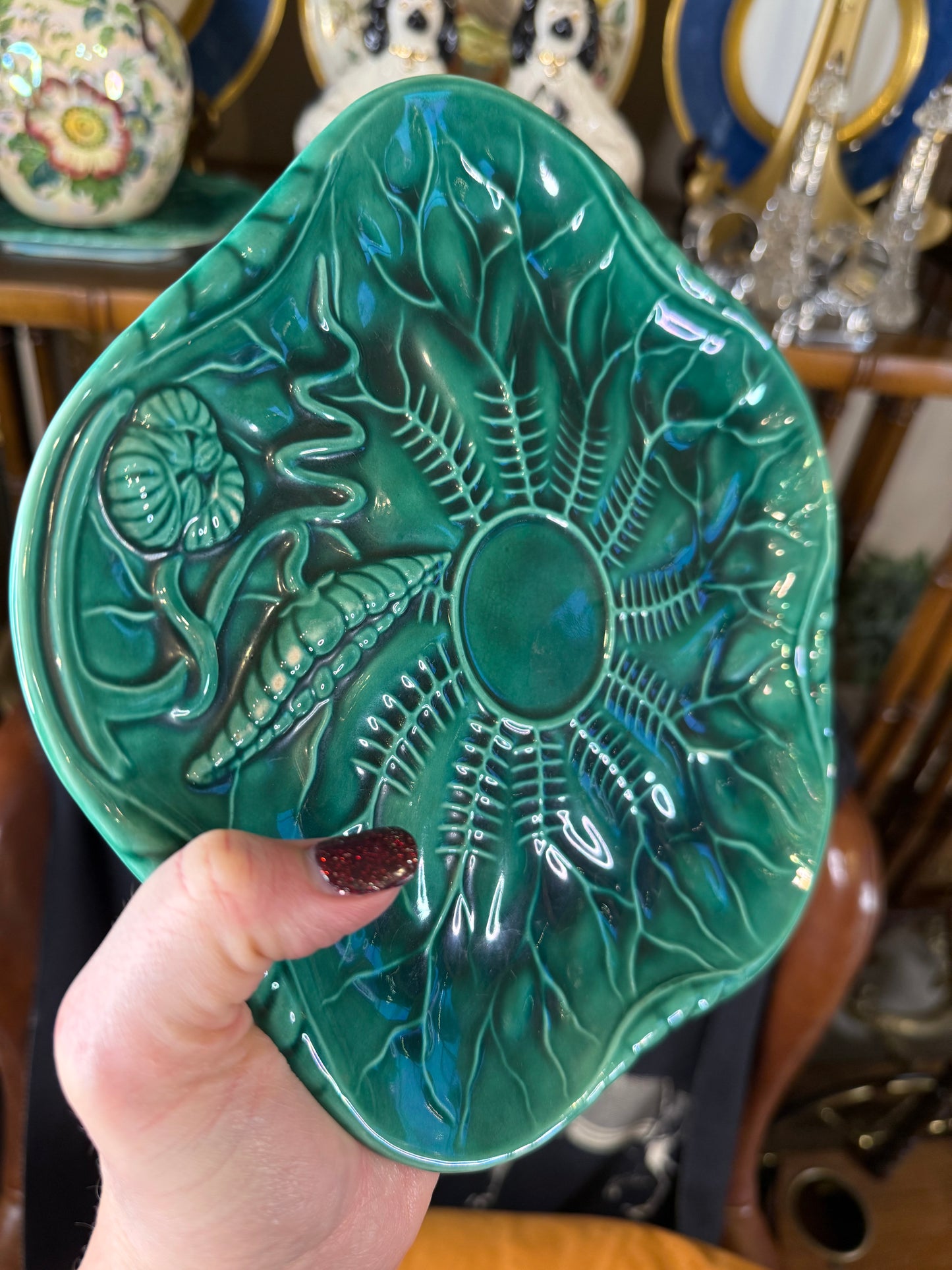 RESERVED: Antique French Majolica Cabbage Leaf Plates in Emerald Green | 8.5” Diameter