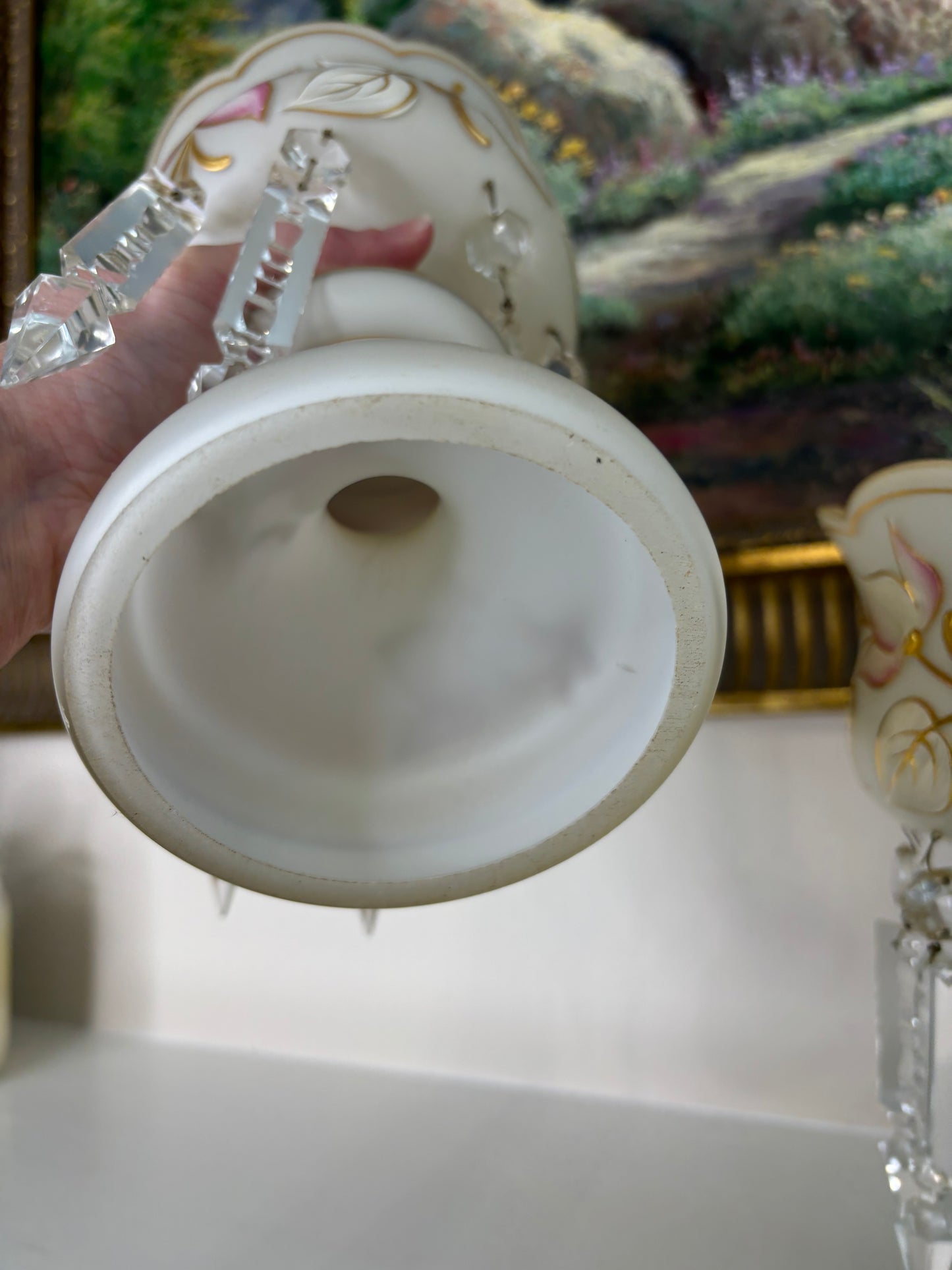 Absolutely stunning pair of antique mantle lusters with crystals!