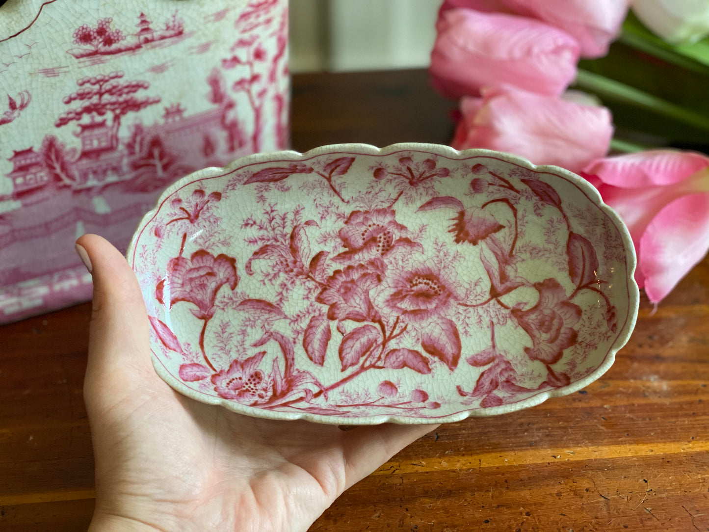 Danny's Fine Porcelain - Pink/White "Primrose" Bronze Footed Trinket/Soap Dish, 8x4.5"