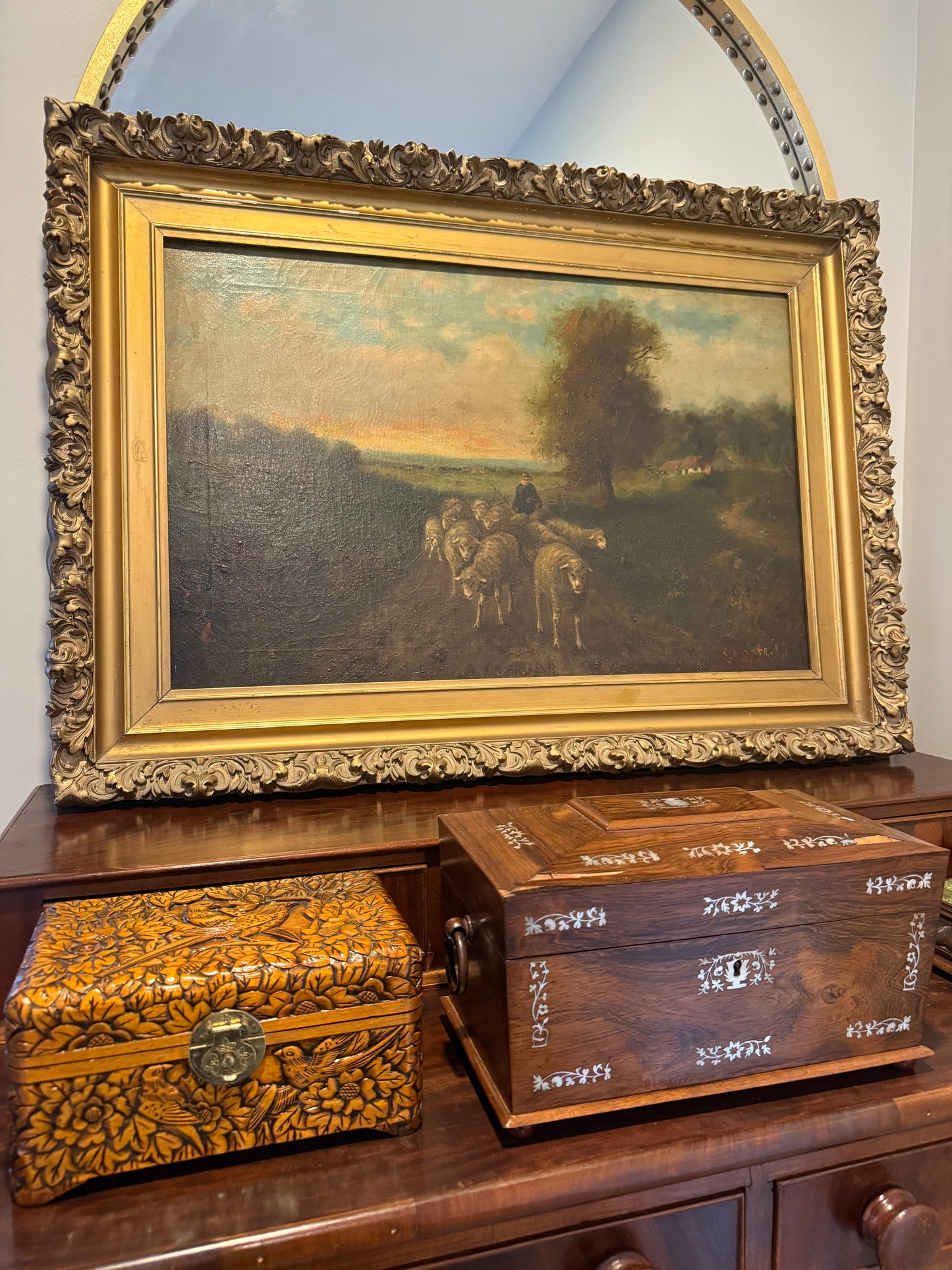 19th Century Signed Original Pastoral Landscape 36” in Period Gesso Frame