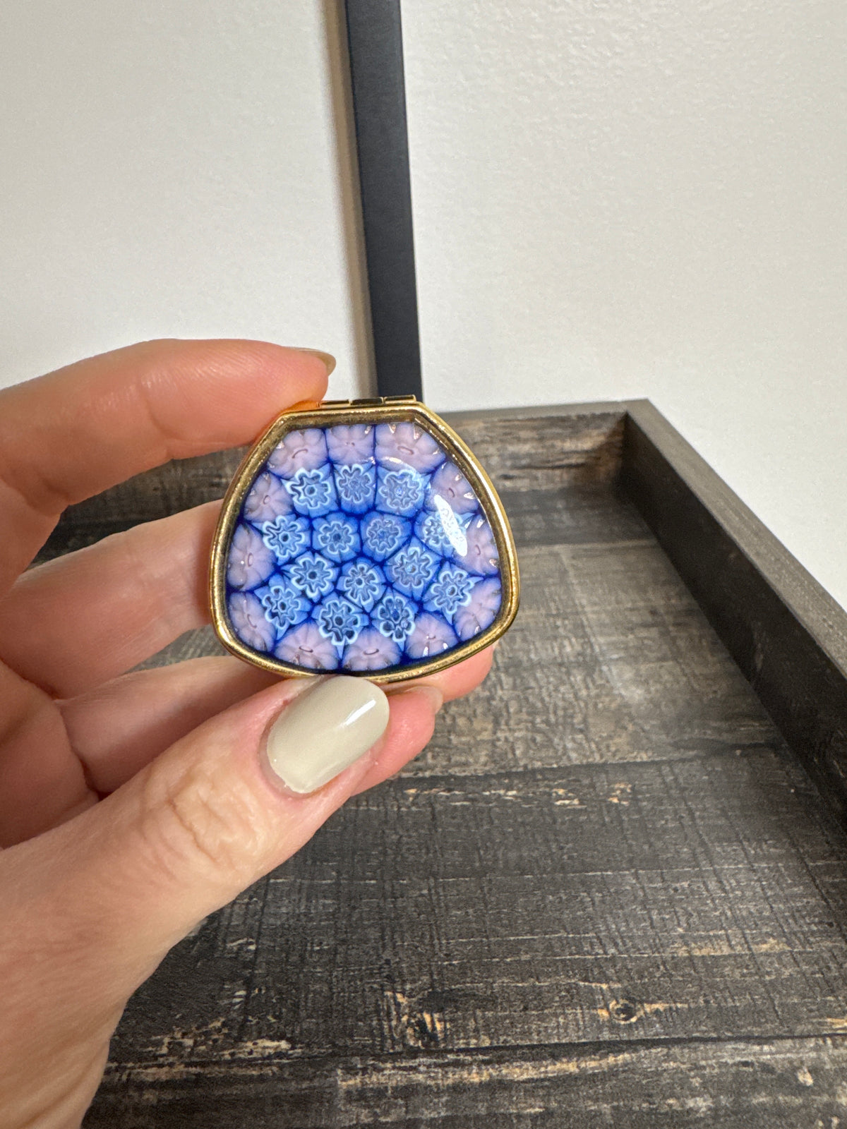 Vintage Murano-Style Millefiori Glass Heart Pill Box – Blue & Pink