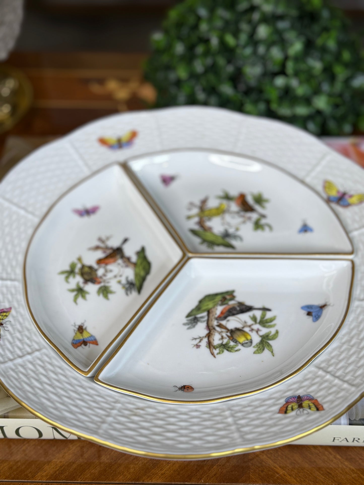 Herend Hungary Rothschild Hand-Painted Birds & Butterflies Divided Serving Platter with 3 Inserts | 10”