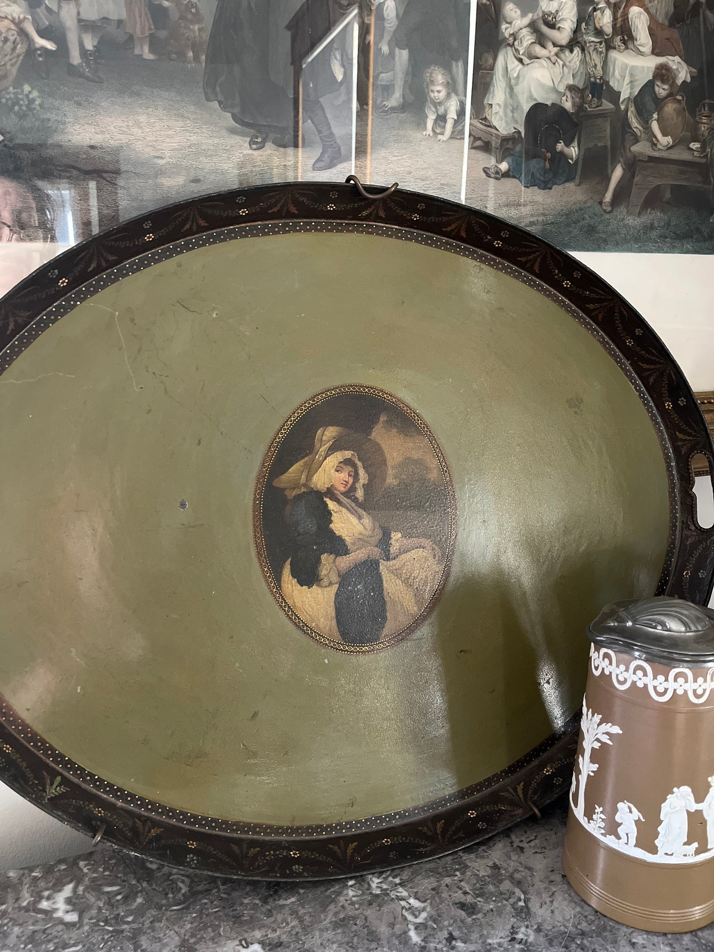 Live 06/22 19th Century English Tole Handled Tray with Portrait Reserve