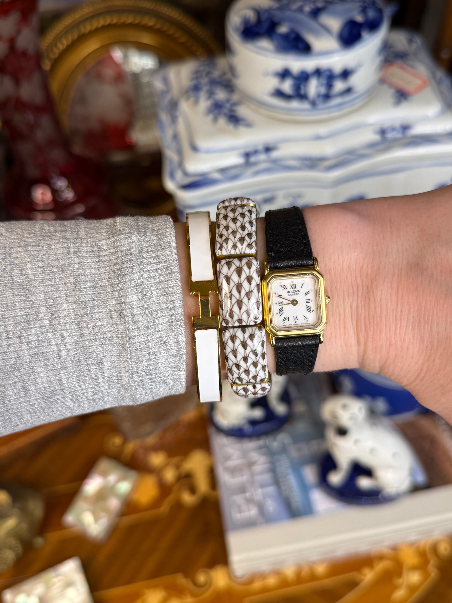 White Enamel “H” Gold Hinged Bangle Bracelet W/ Box