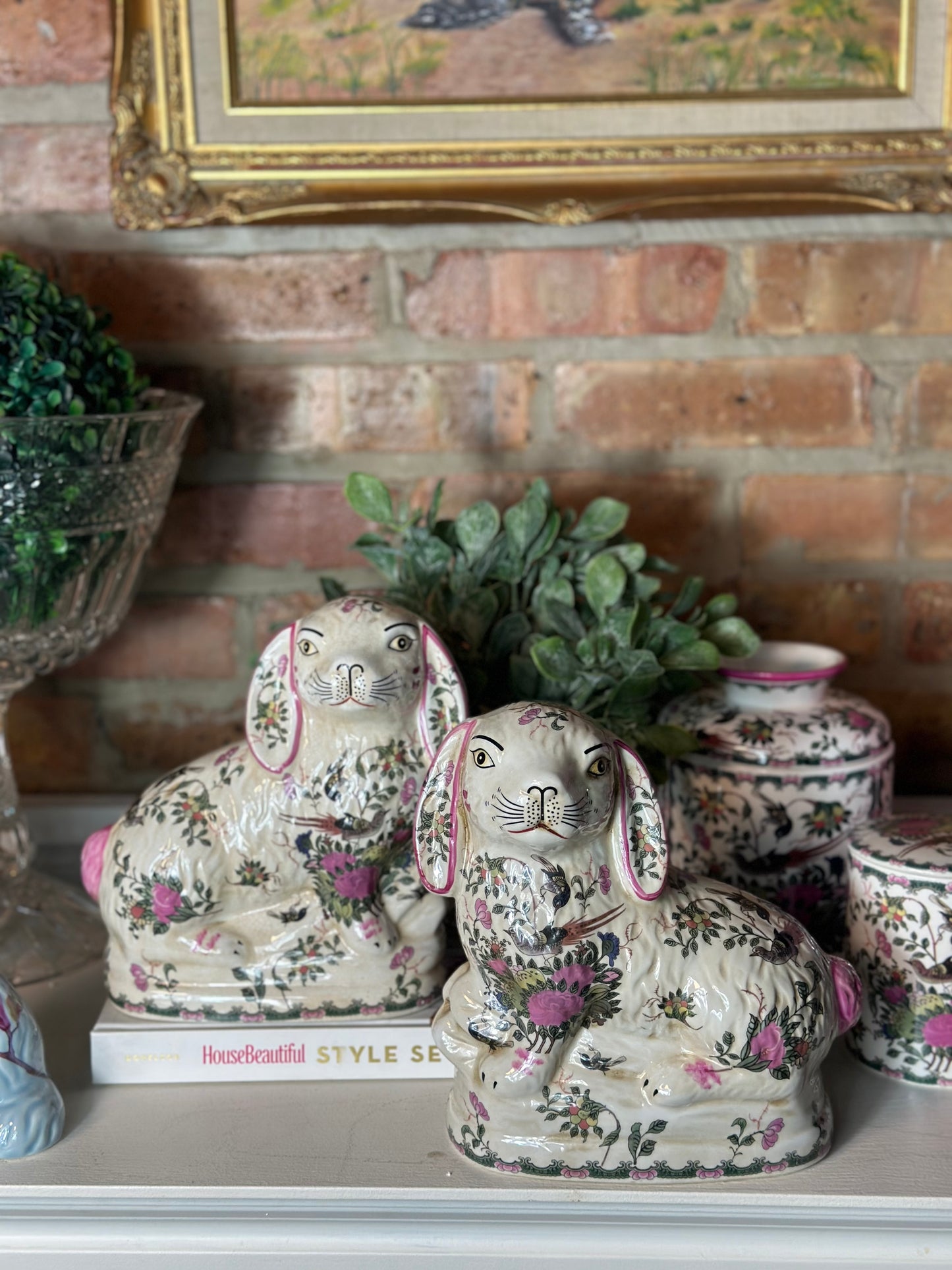 Staffordshire-Style Bunny Hares, Rose Medallion Pair, 8L X 4W X 8H