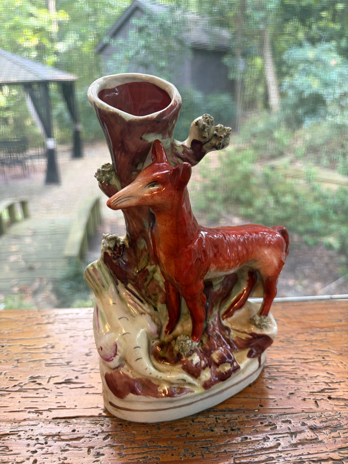 Gorgeous antique Staffordshire fox and pheasant spill vase! As is!