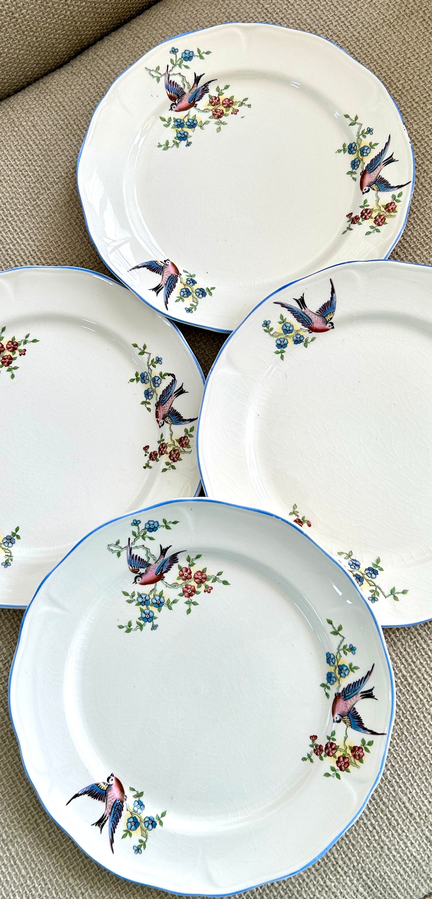 Set of 4 vintage designer blue & white bird salad plates by mount clements