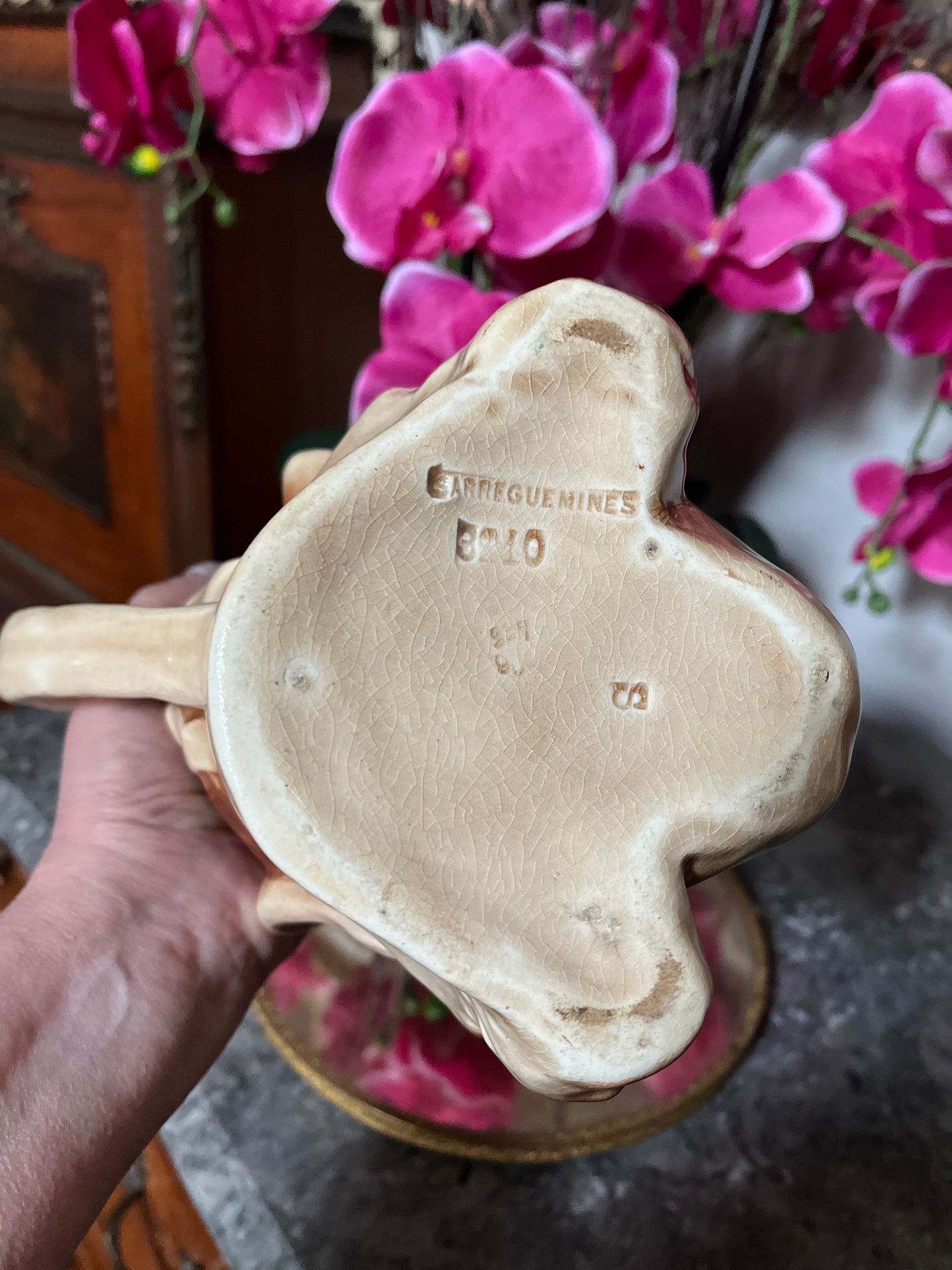 Antique French Whimsical Sarreguemines Fisherman Jug