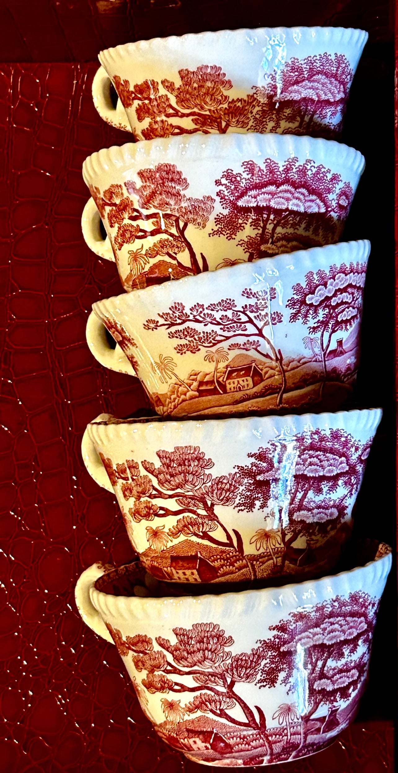 Set of 5 Antique Copeland "Spode’s Tower" Pink /red Willow tea Cups