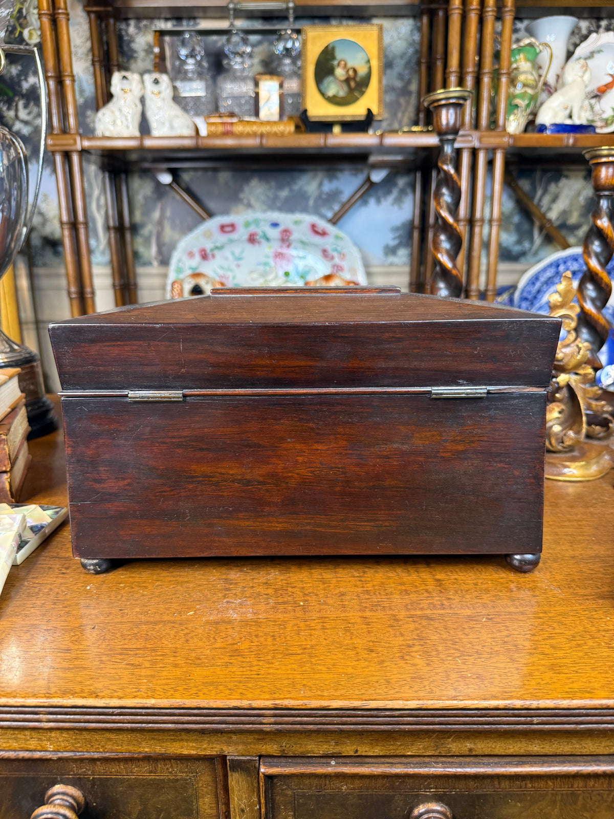 Antique Victorian Mahogany Smoking Compendium with Cut Crystal Tobacco Jar & Fitted Interior, c. 1890–1910 – 12”W